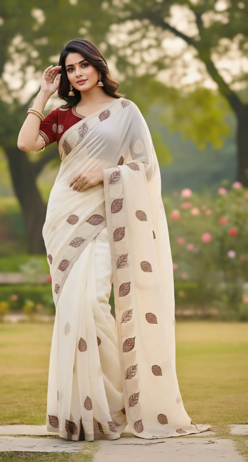 One Minute Ready To Wear Ivory Leaf Saree With Same Colour Embroidered Beautiful Lace Work Stitched Blouse