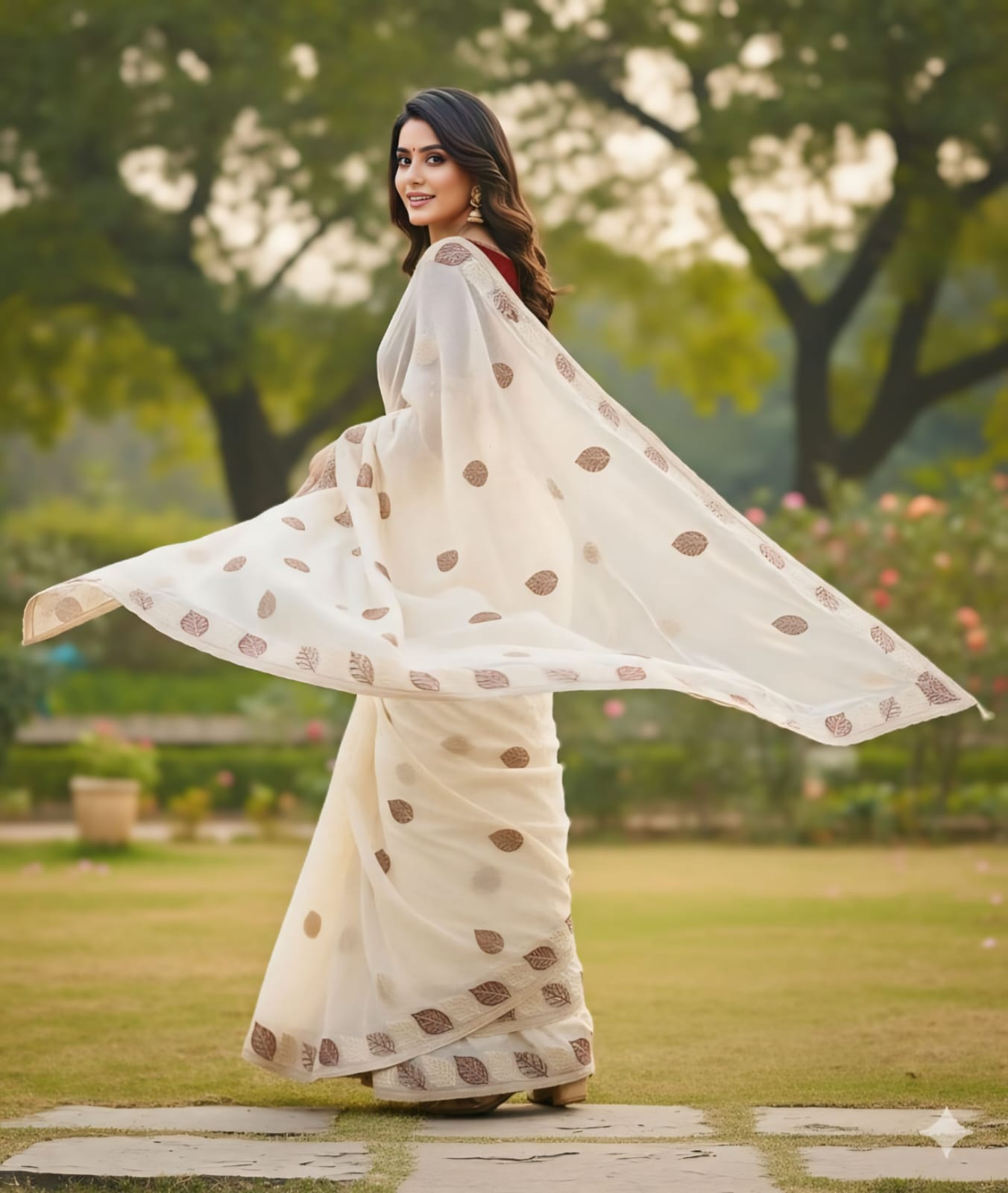 One Minute Ready To Wear Ivory Leaf Saree With Same Colour Embroidered Beautiful Lace Work Stitched Blouse