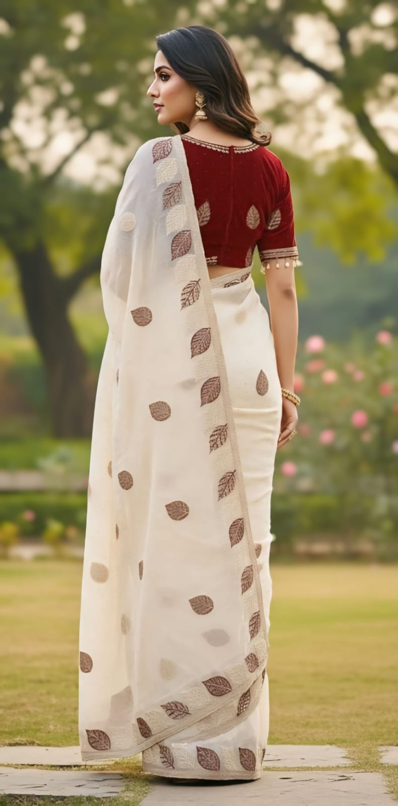 One Minute Ready To Wear Ivory Leaf Saree With Same Colour Embroidered Beautiful Lace Work Stitched Blouse