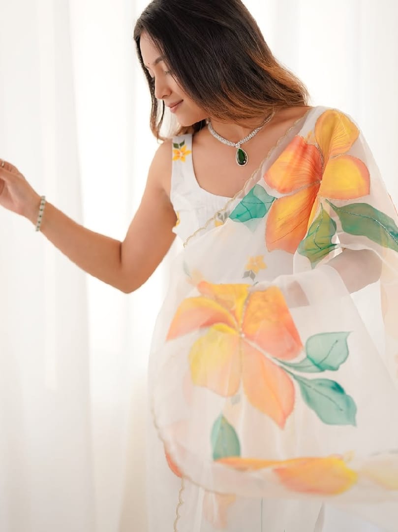 One Minute Ready To Wear Pearl White Blossom Saree With Same Colour Flower Design Organza Silk Full Stitched Blouse