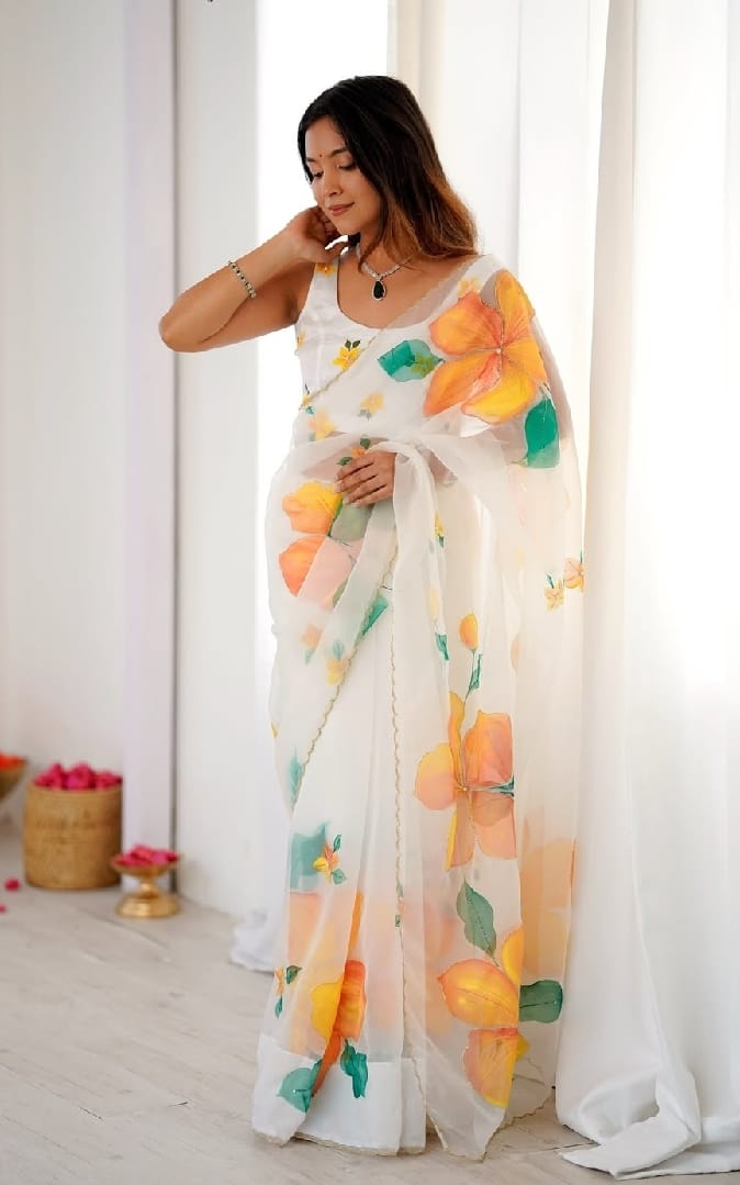 One Minute Ready To Wear Pearl White Blossom Saree With Same Colour Flower Design Organza Silk Full Stitched Blouse