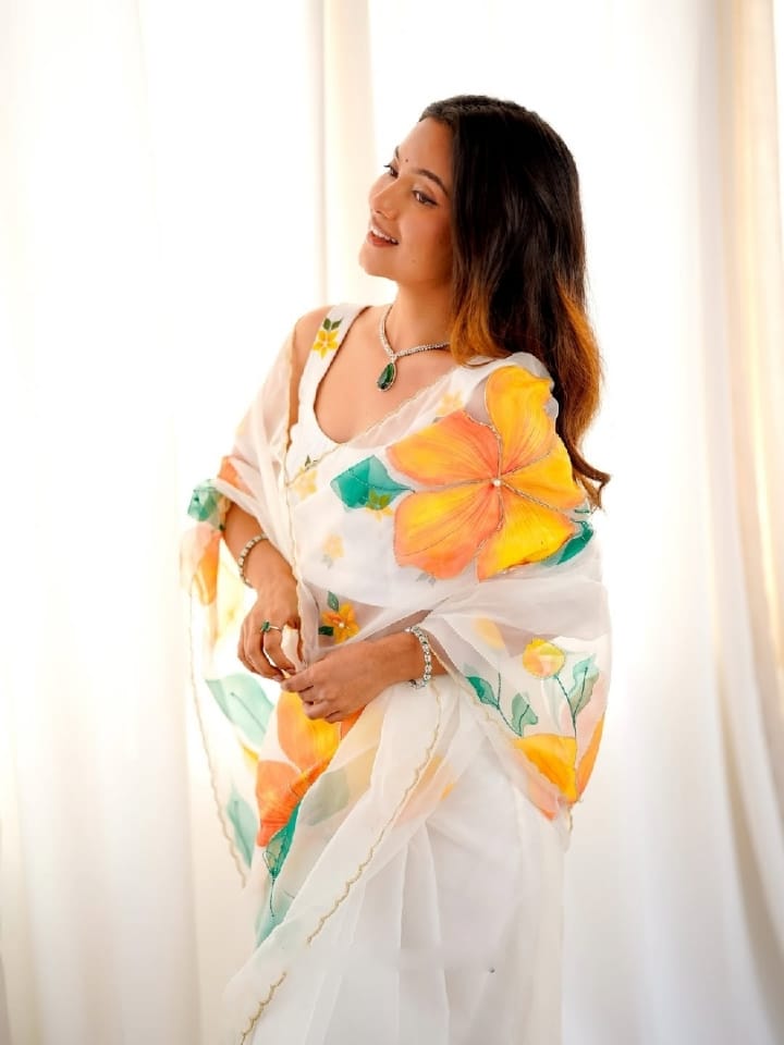 One Minute Ready To Wear Pearl White Blossom Saree With Same Colour Flower Design Organza Silk Full Stitched Blouse