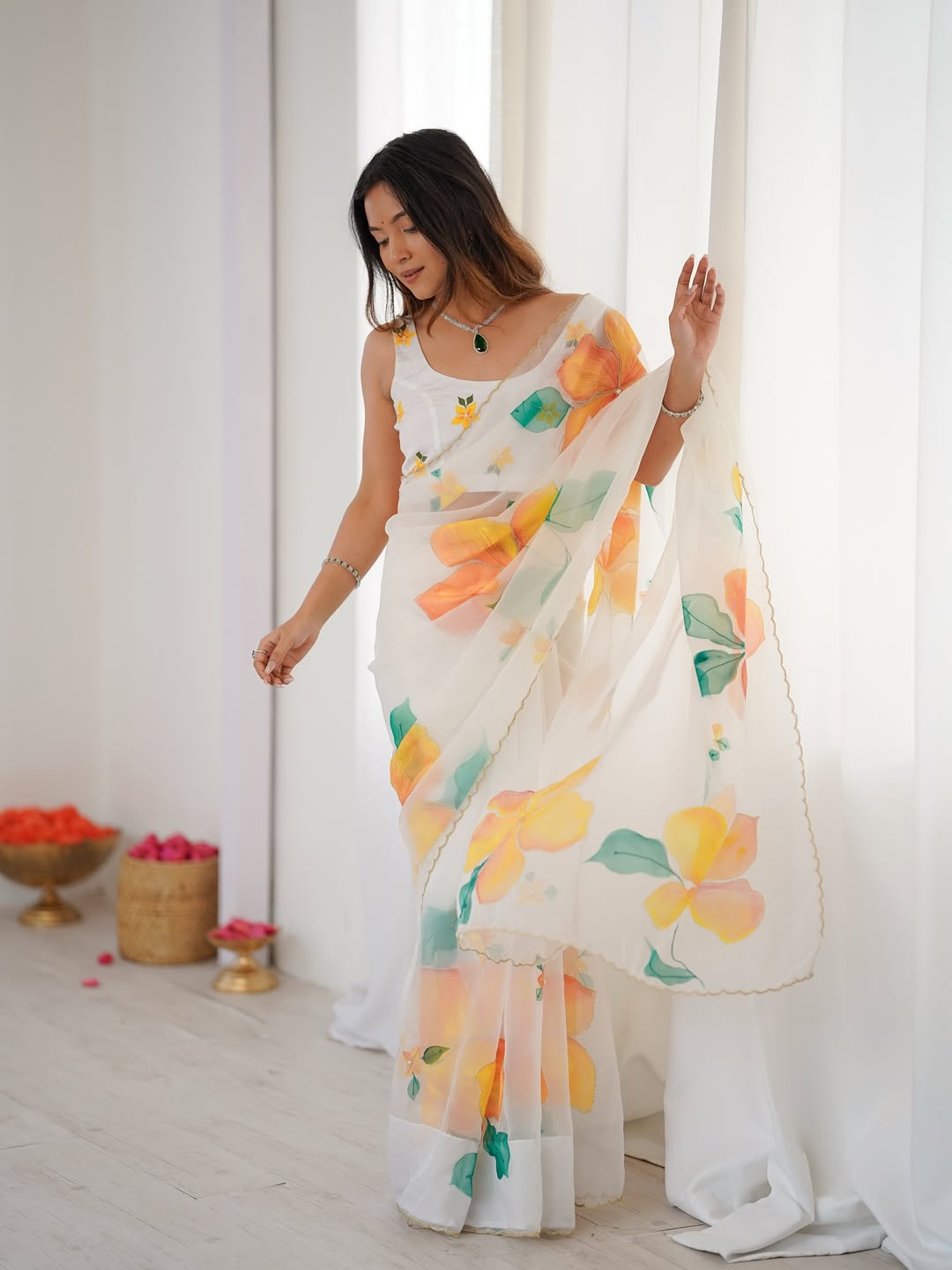 One Minute Ready To Wear Pearl White Blossom Saree With Same Colour Flower Design Organza Silk Full Stitched Blouse