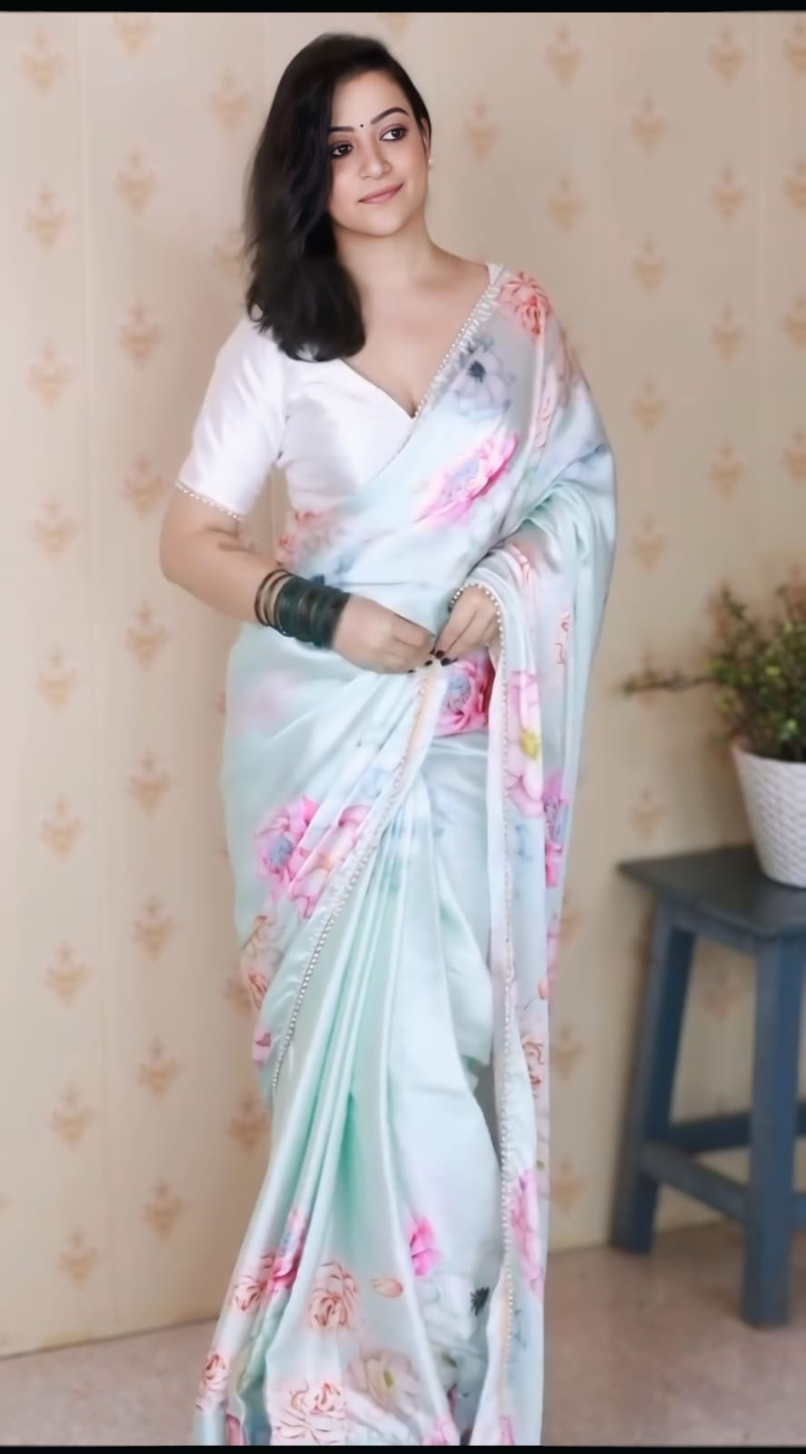 One Minute Ready to Wear Floral Satin Shine Saree