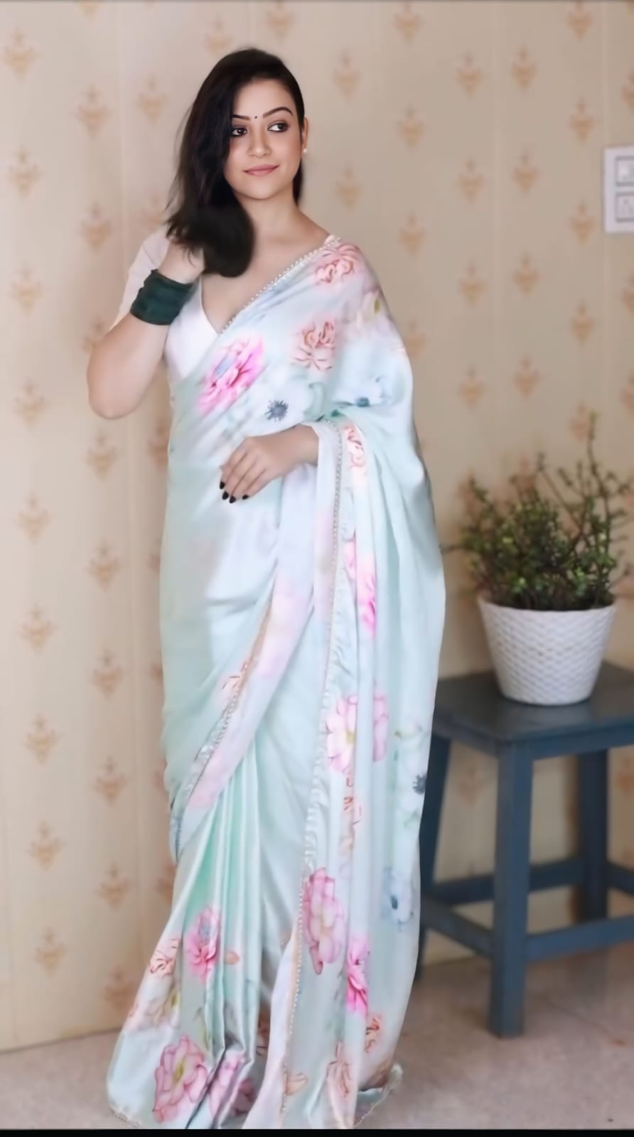 One Minute Ready to Wear Floral Satin Shine Saree