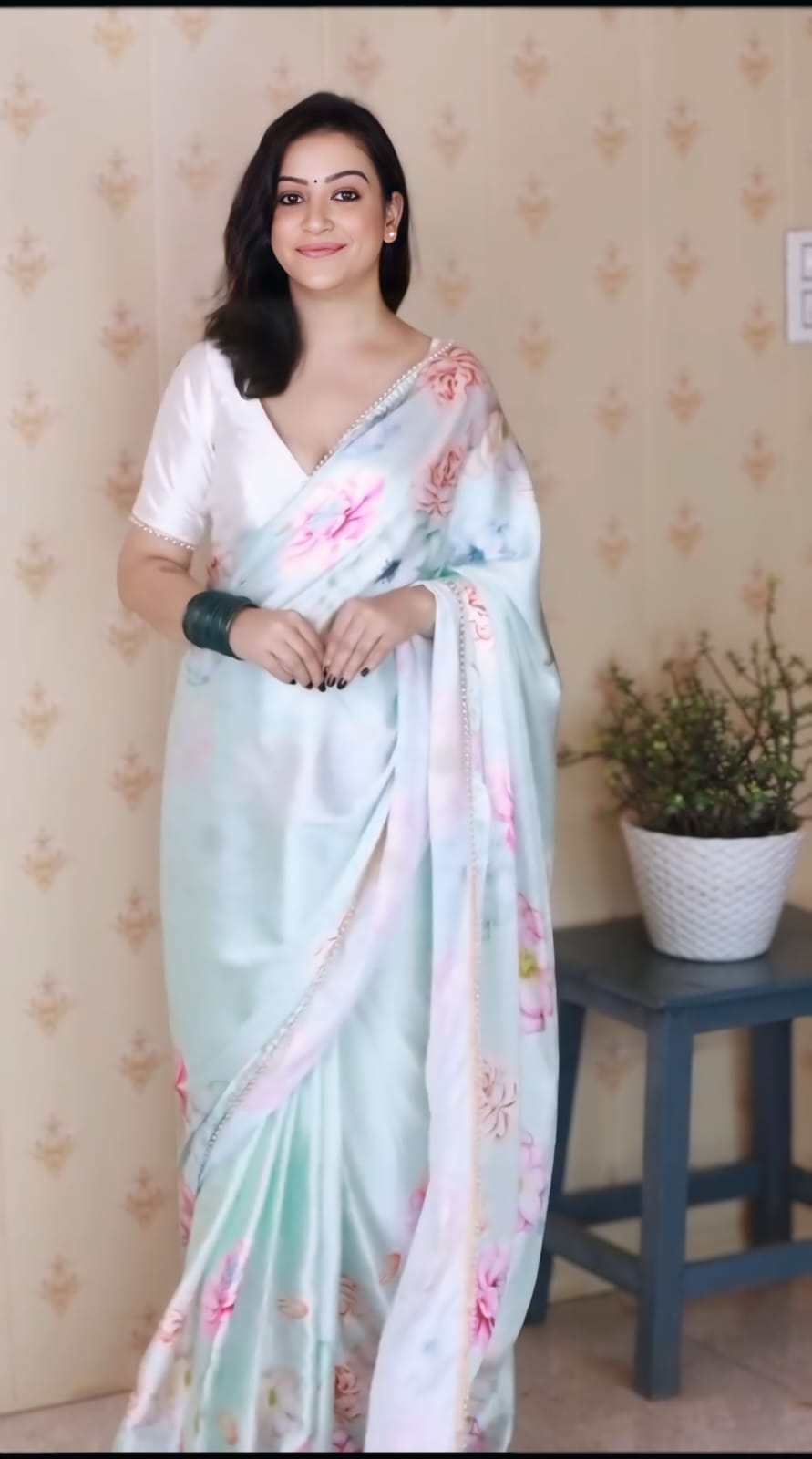 One Minute Ready to Wear Floral Satin Shine Saree