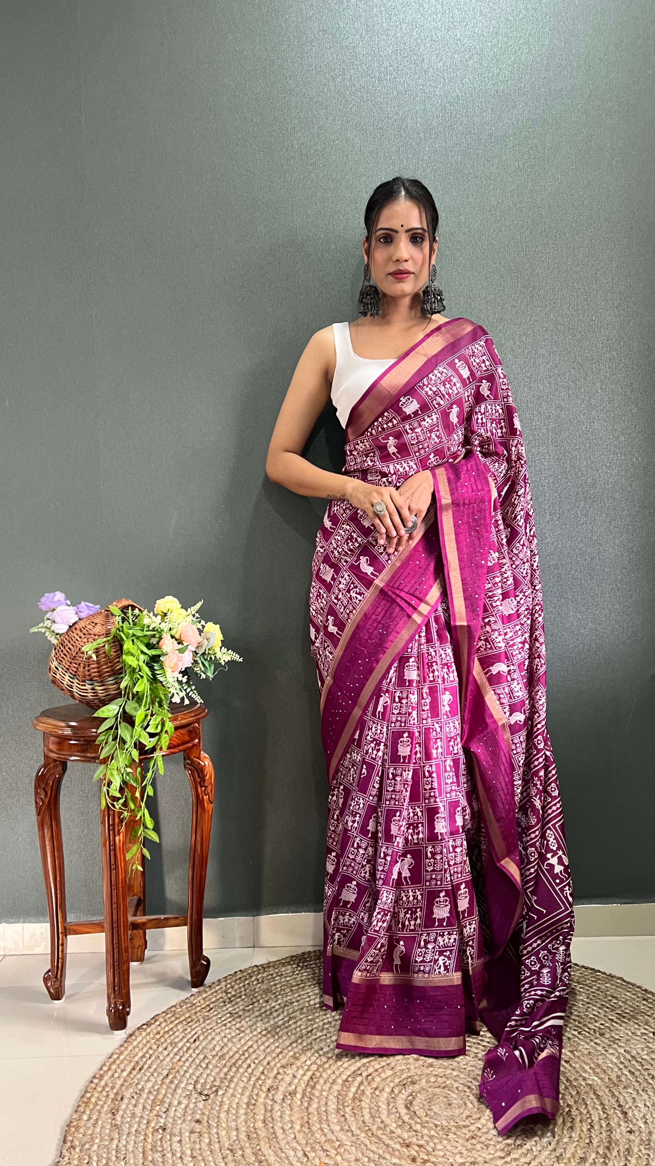 Fancy Dola Silk Jaipuri Print Wine Saree Divashree