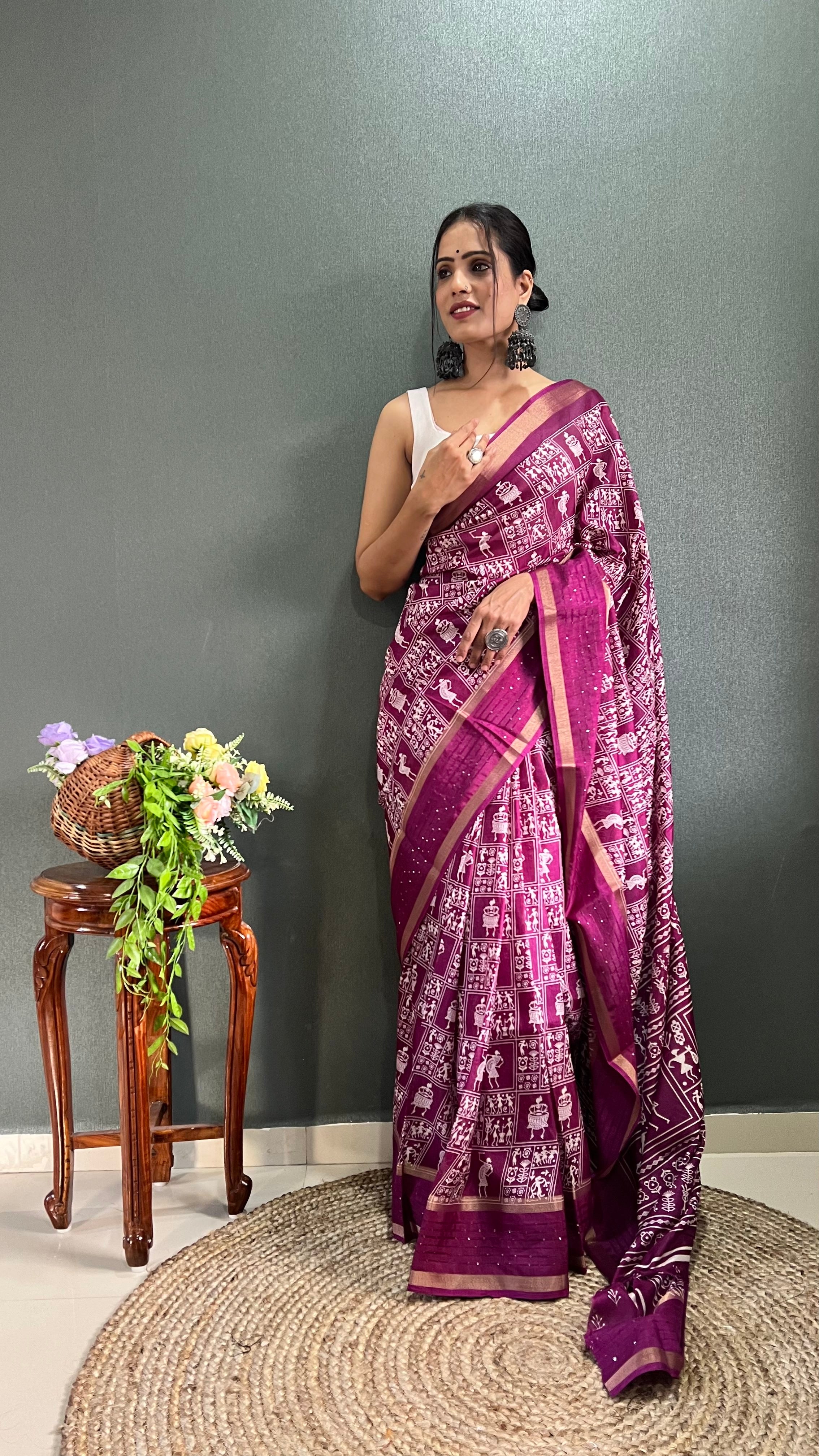 Fancy Dola Silk Jaipuri Print Wine Saree Divashree