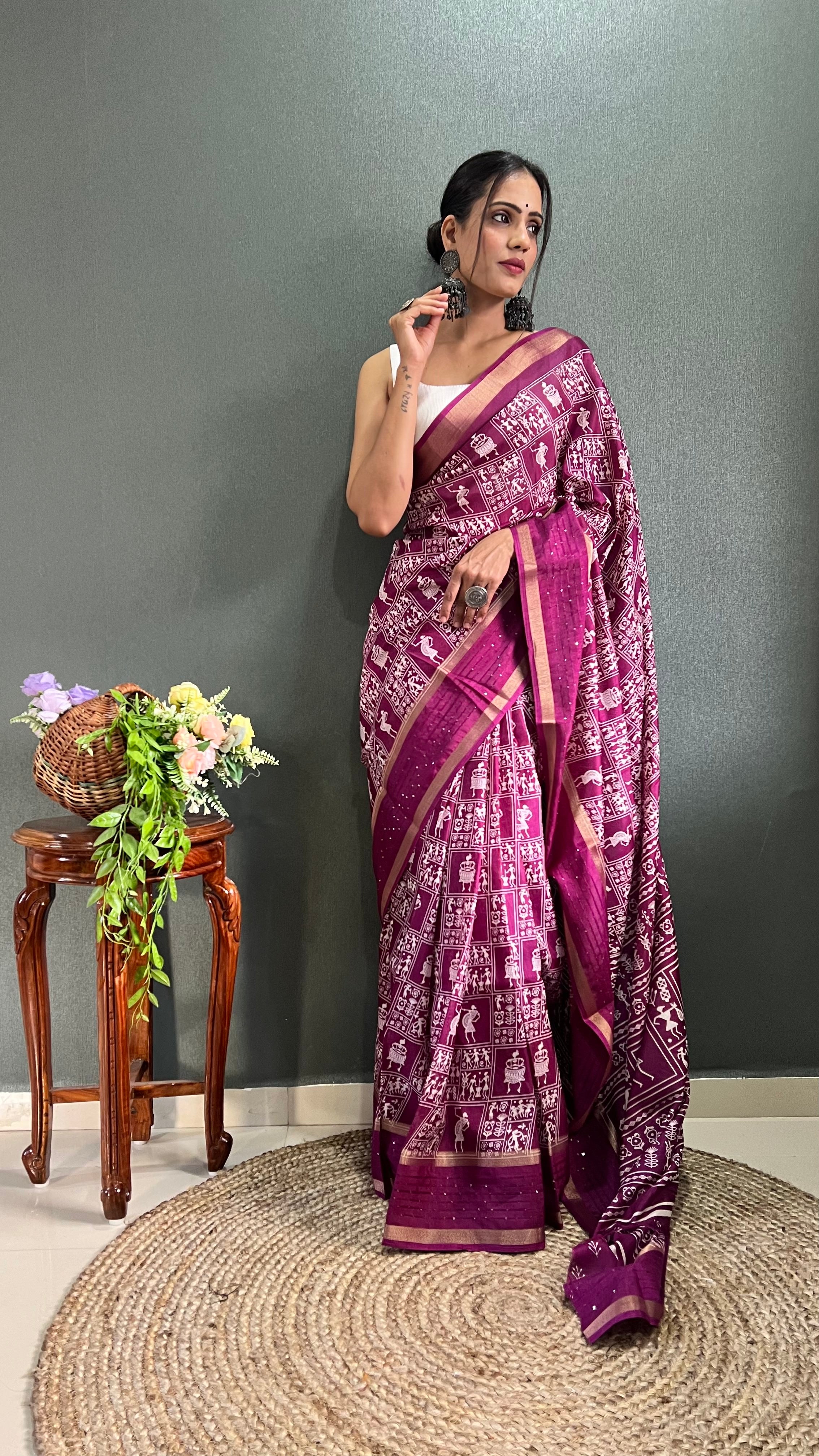 Fancy Dola Silk Jaipuri Print Wine Saree Divashree