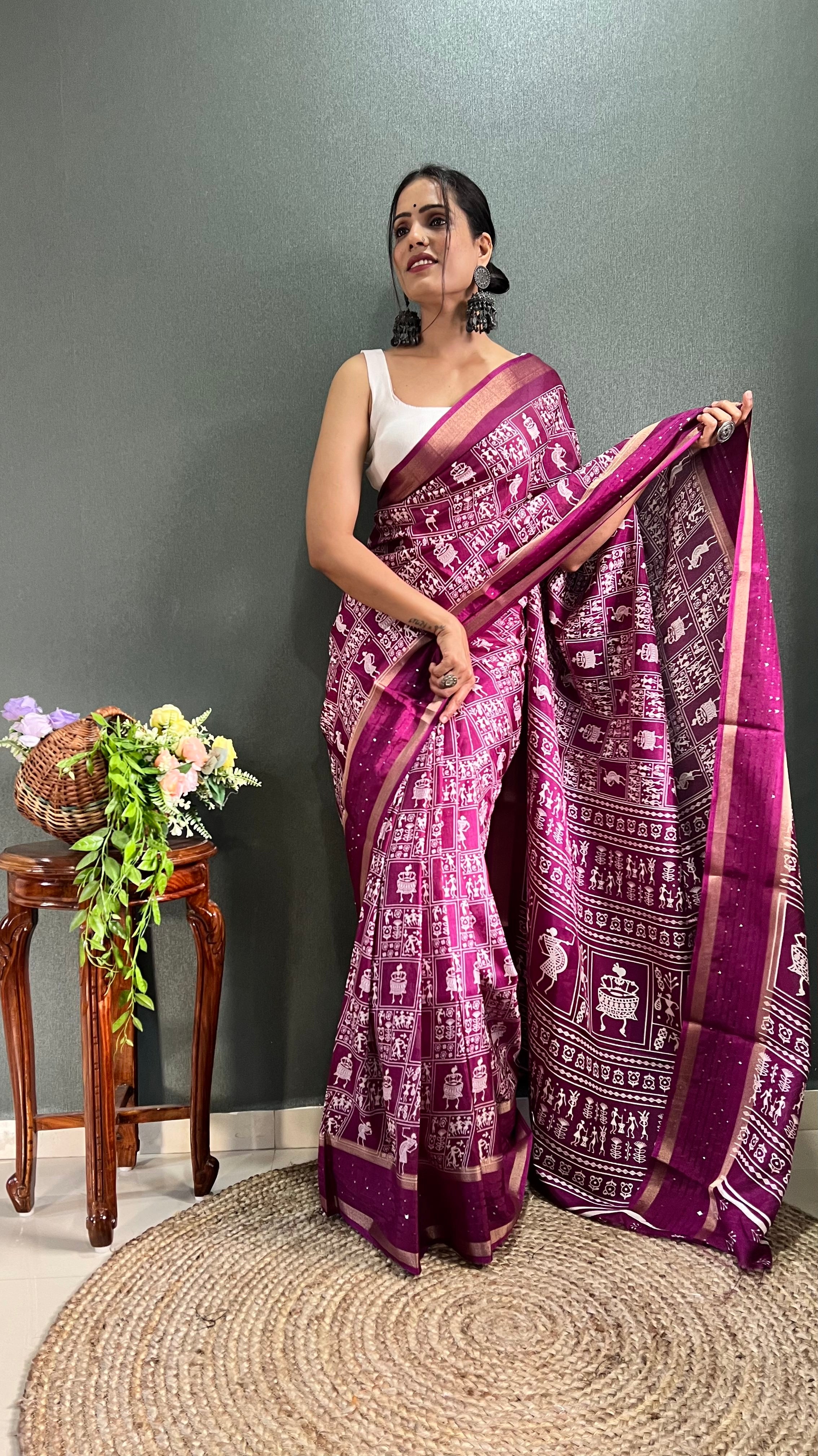 Fancy Dola Silk Jaipuri Print Wine Saree Divashree