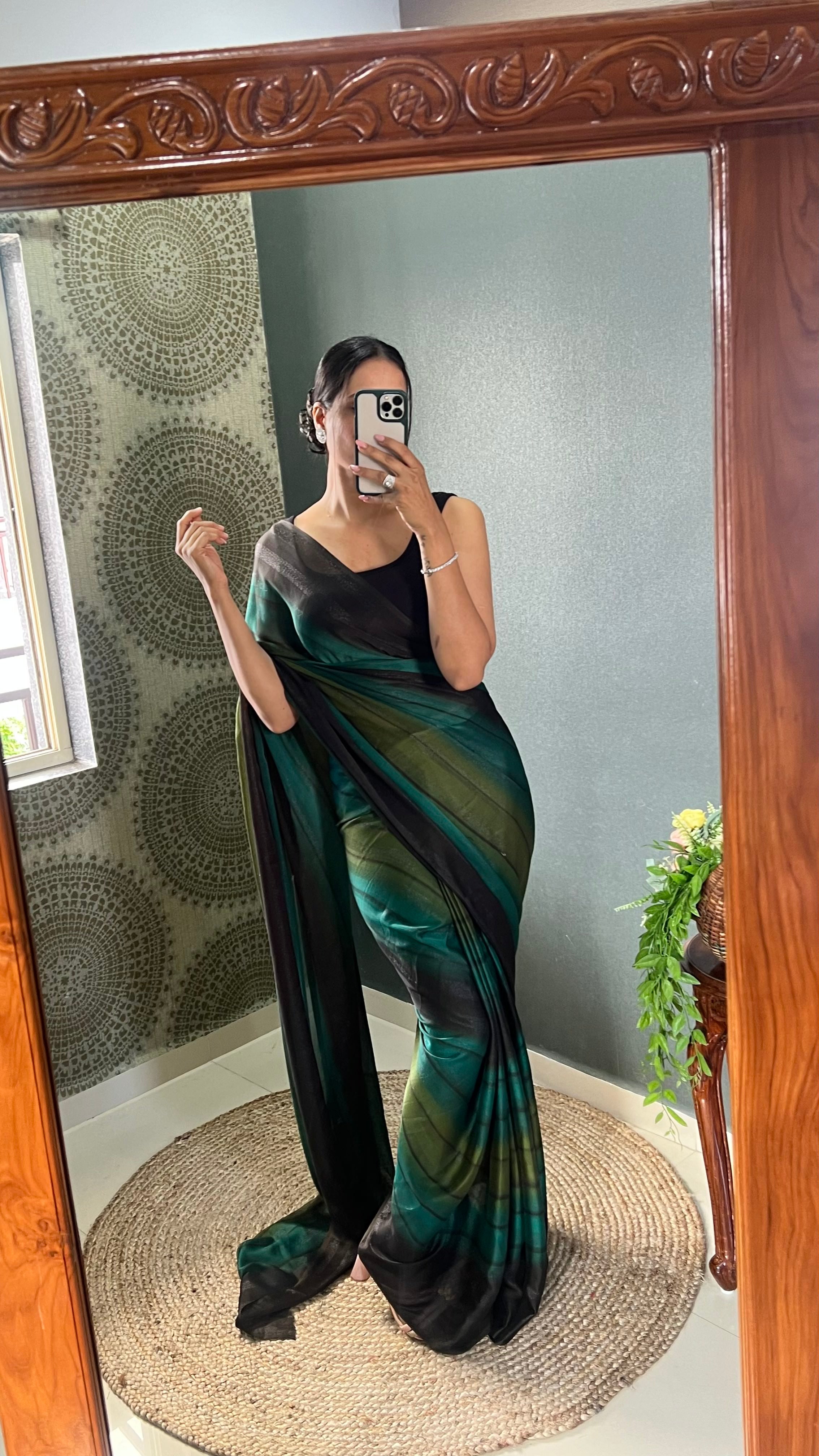 Heer One Minute Ready To Wear Green Saree With Unstiched Blouse