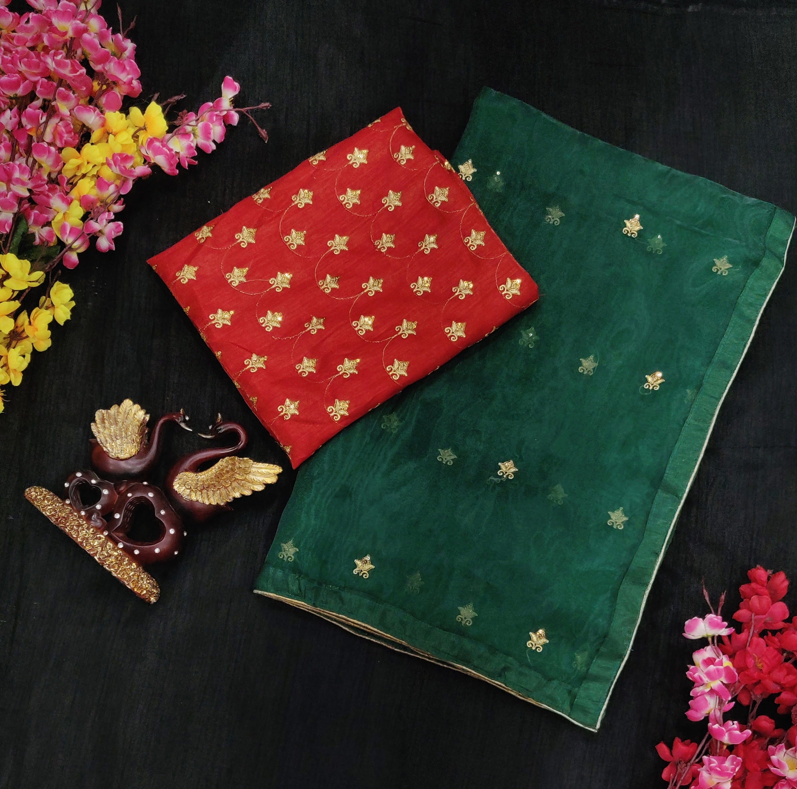 Beautiful Sequance Embroidery Work Elegant Essence Green and Red Saree with UnStitch Blouse