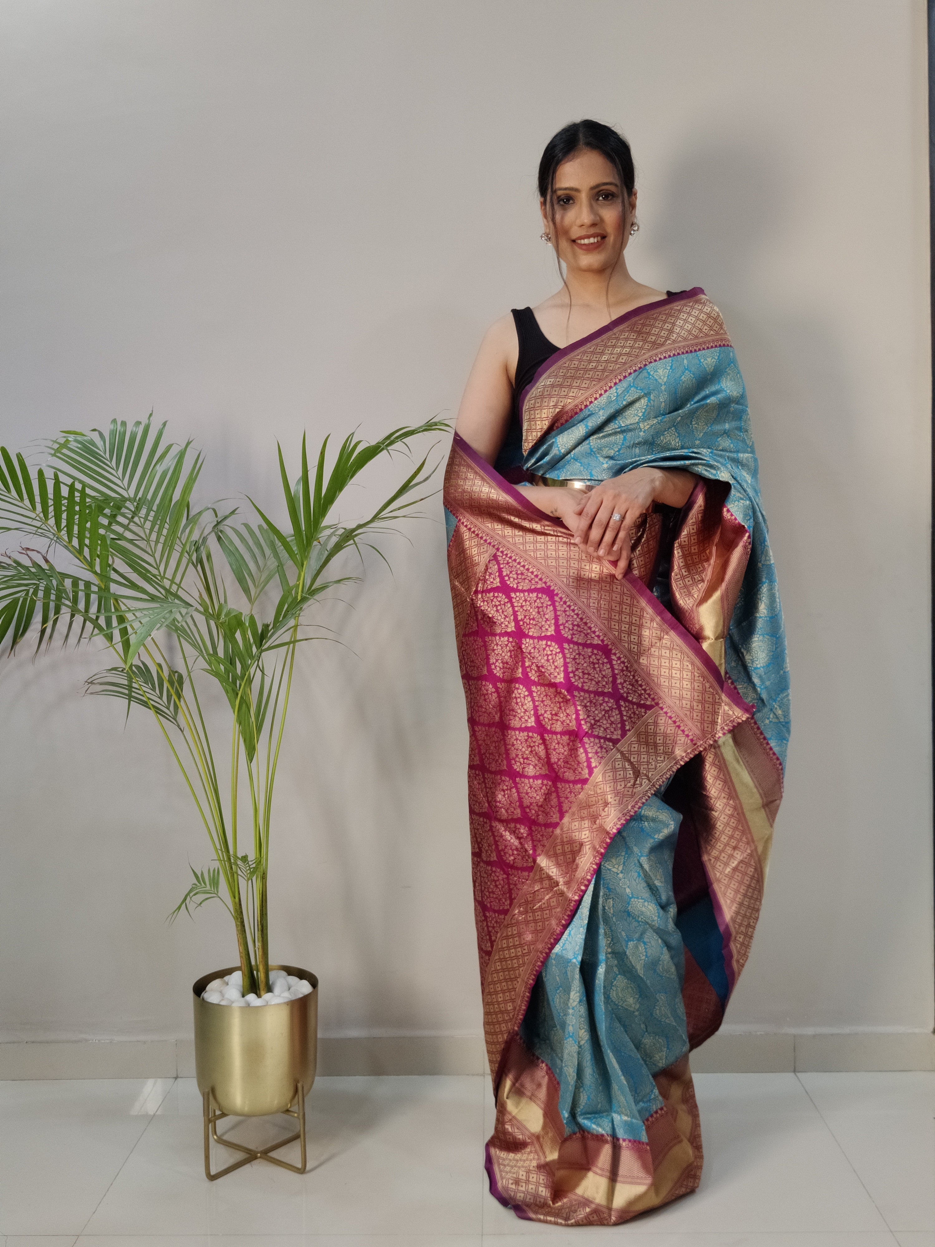 One Minute Ready to Wear New Trendy Look Woven Design Silk Rama Saree Divashree