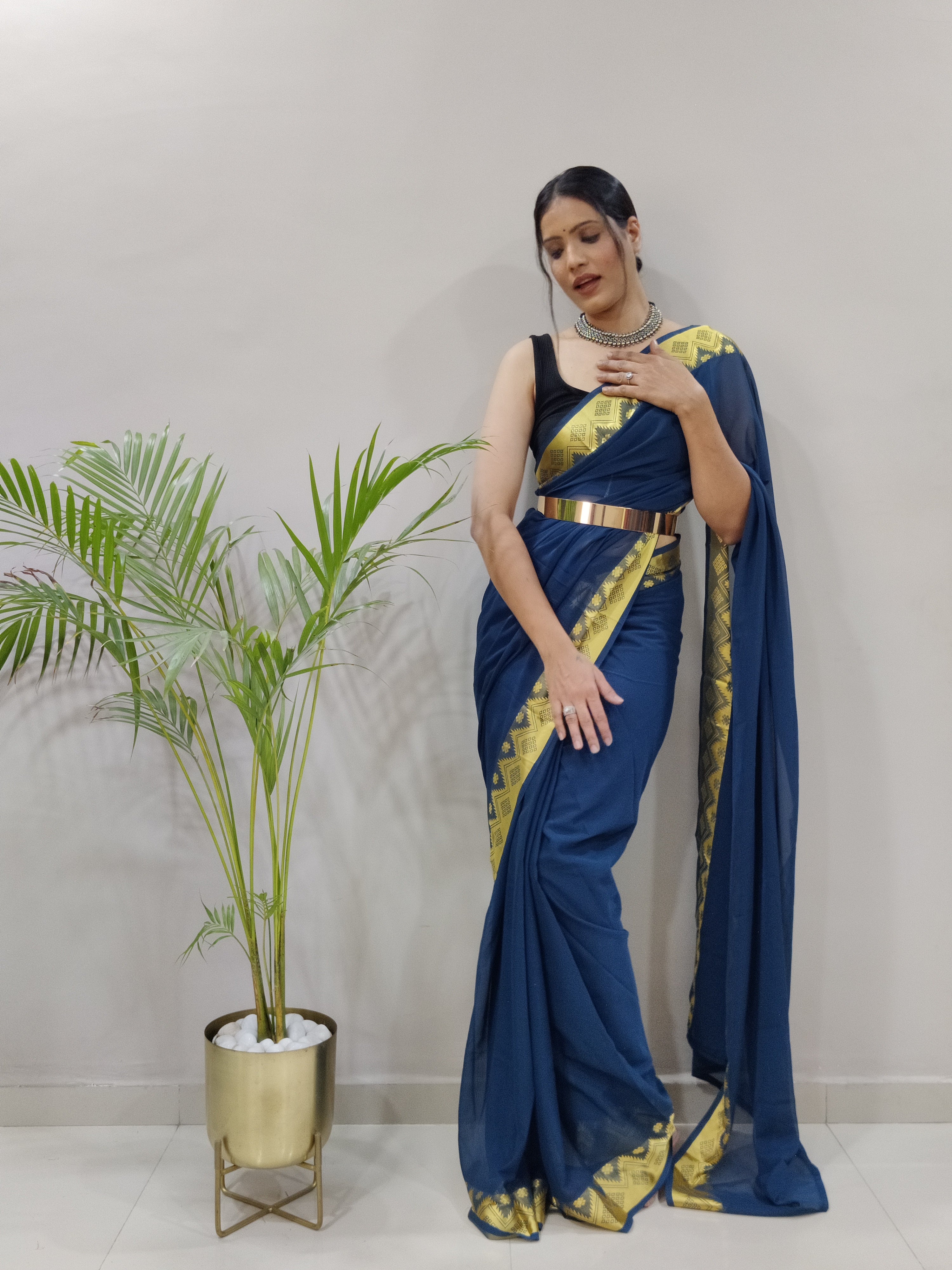 One Minute Ready to Wear New Premium Quality Georgette Mustange Blue With Jequard Border Saree Divashree