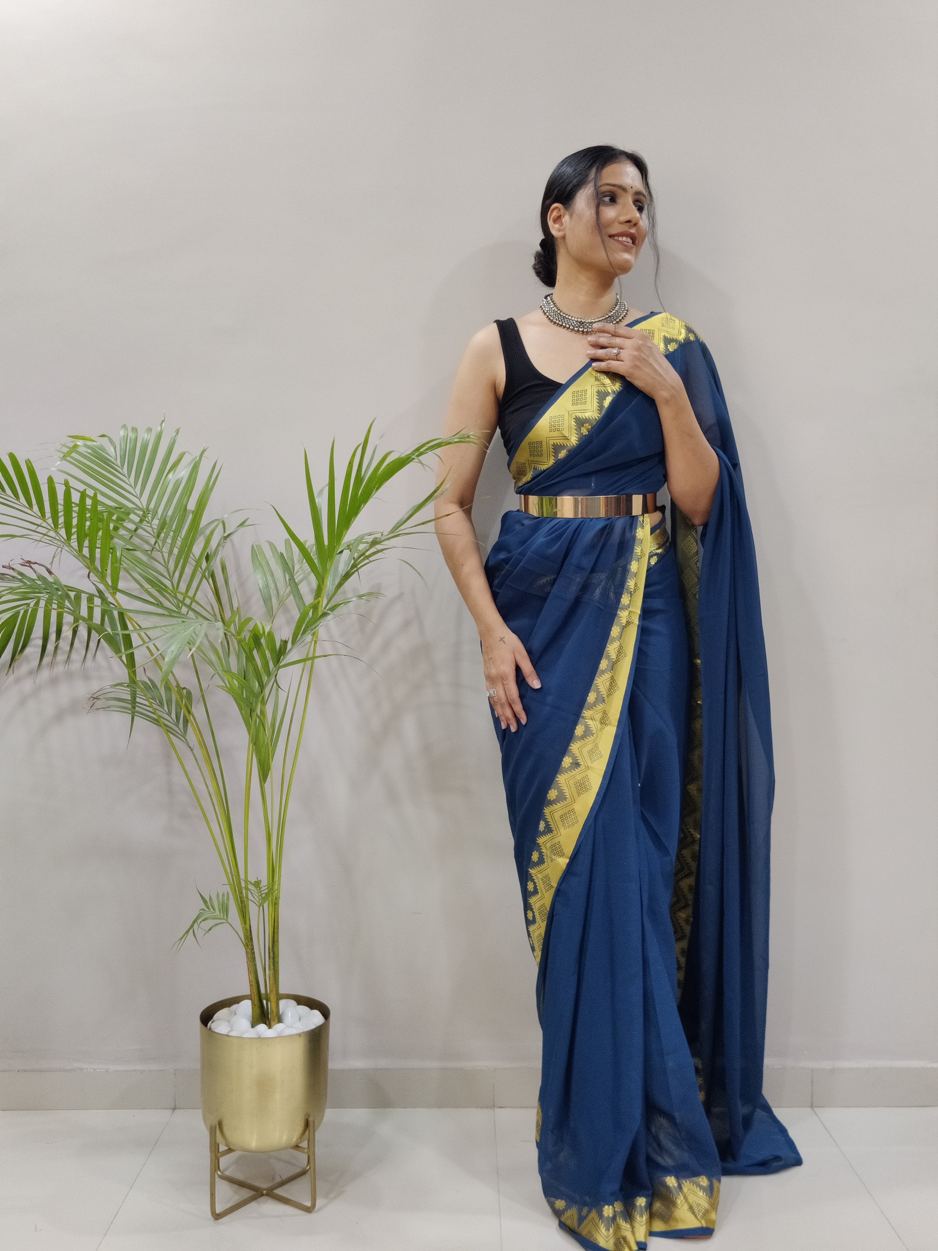 One Minute Ready to Wear New Premium Quality Georgette Mustange Blue With Jequard Border Saree Divashree