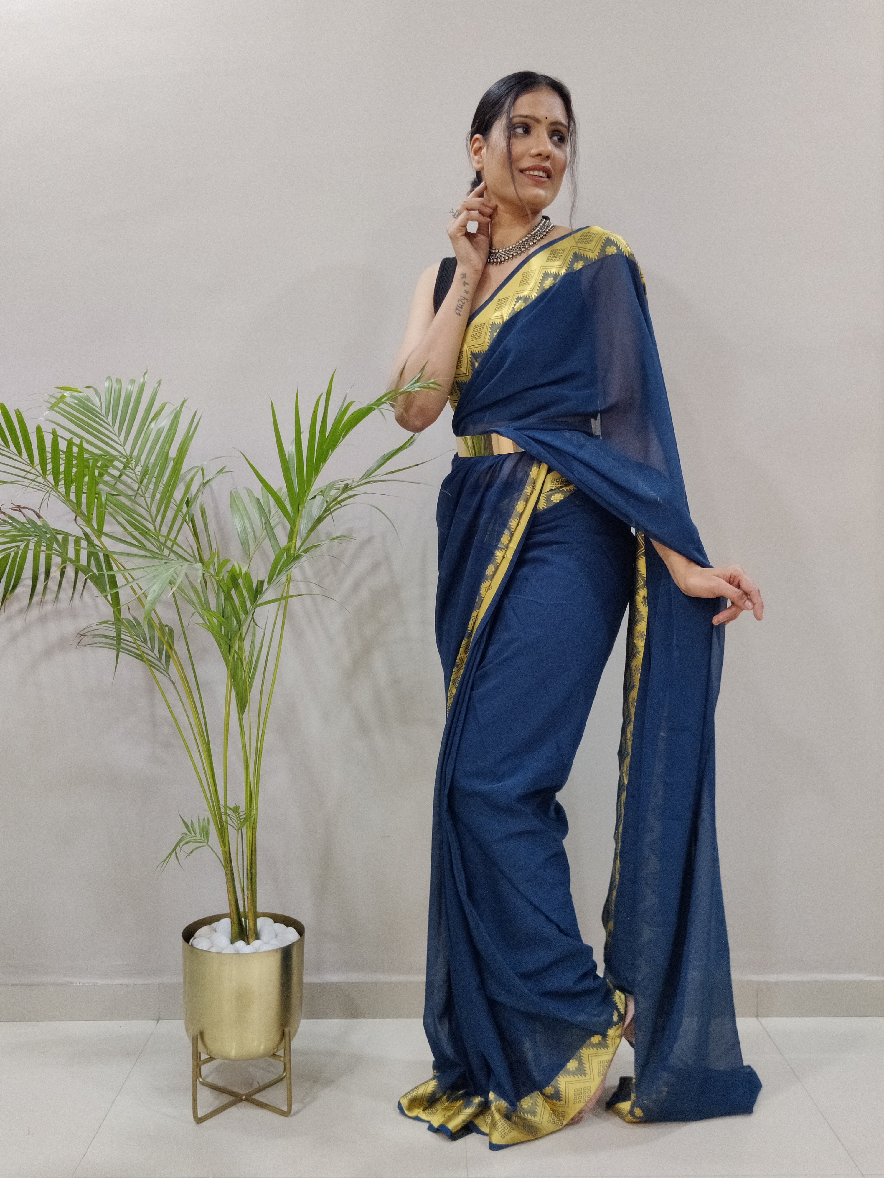 One Minute Ready to Wear New Premium Quality Georgette Mustange Blue With Jequard Border Saree Divashree