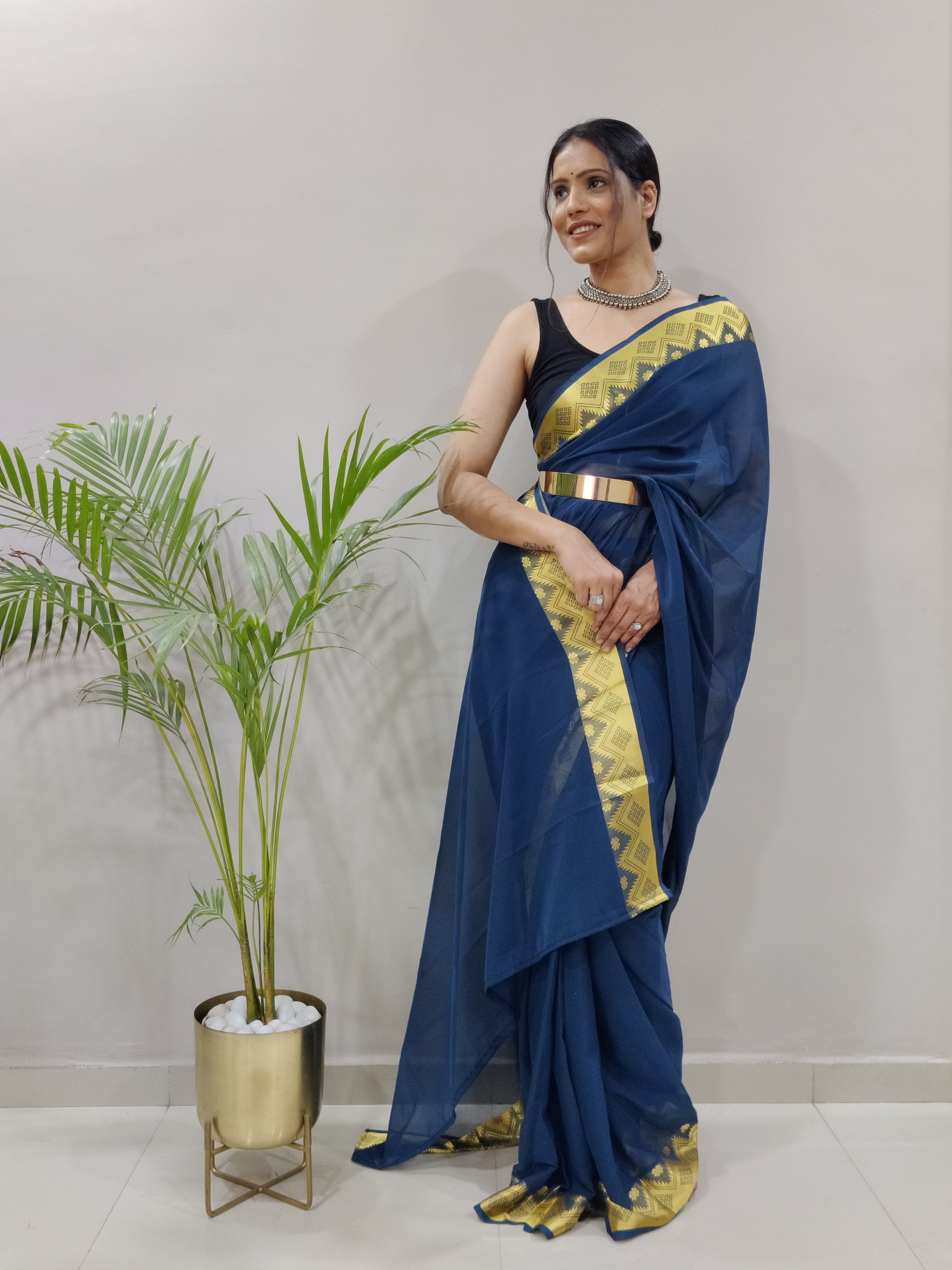 One Minute Ready to Wear New Premium Quality Georgette Mustange Blue With Jequard Border Saree Divashree