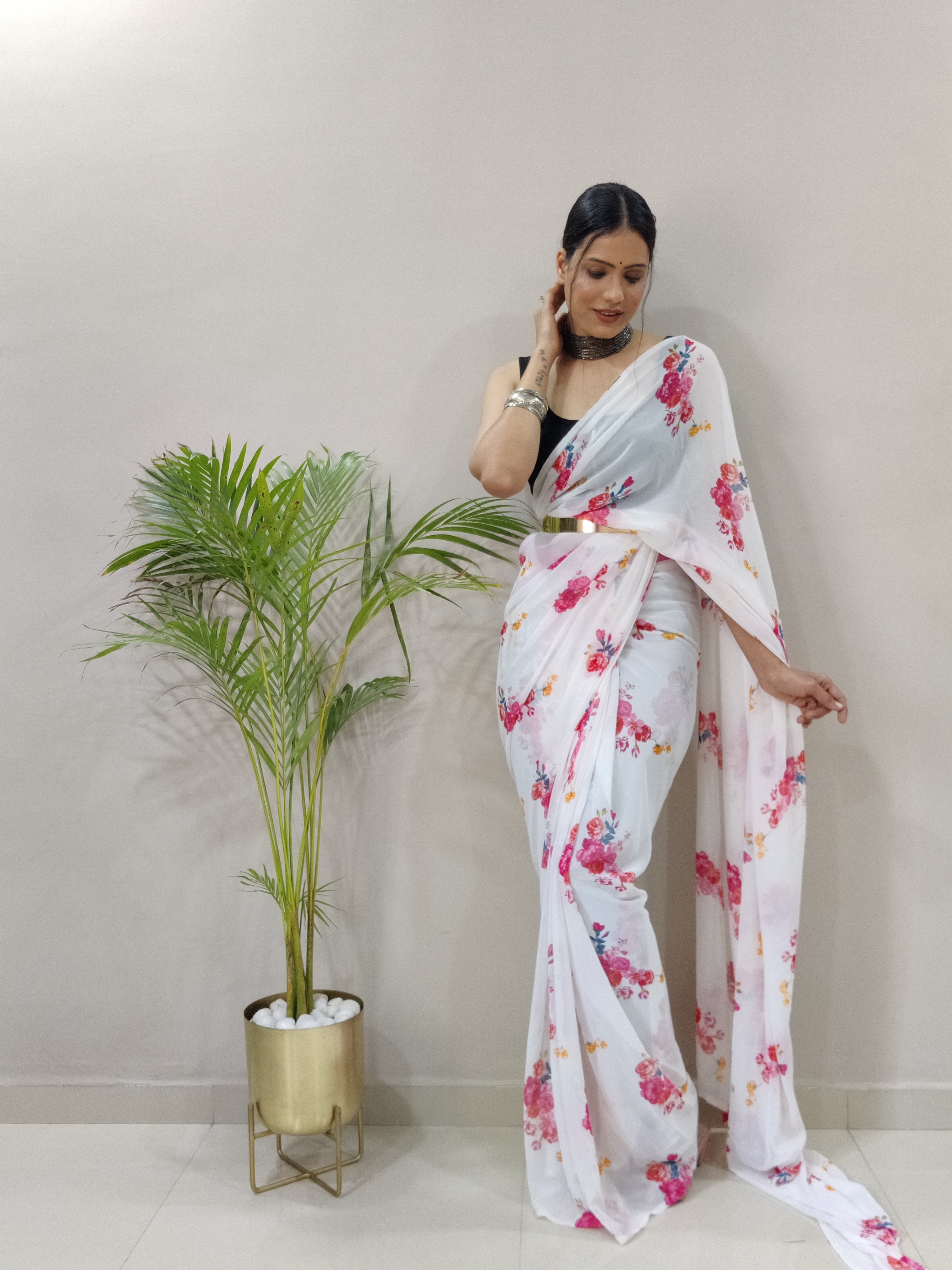 Gulab One Minute Ready To Wear White Printed Saree With Unstiched Blouse