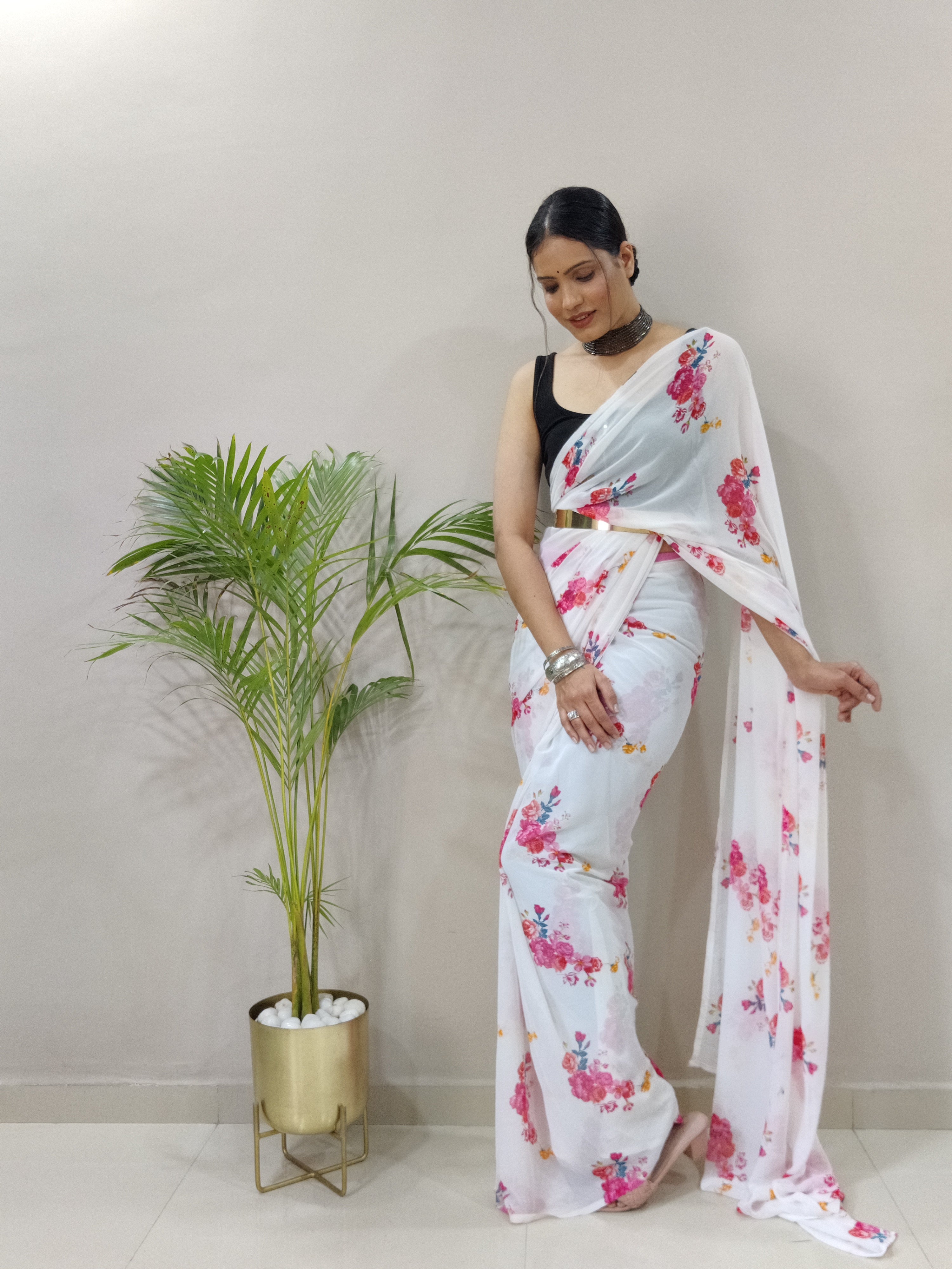 Gulab One Minute Ready To Wear White Printed Saree With Unstiched Blouse