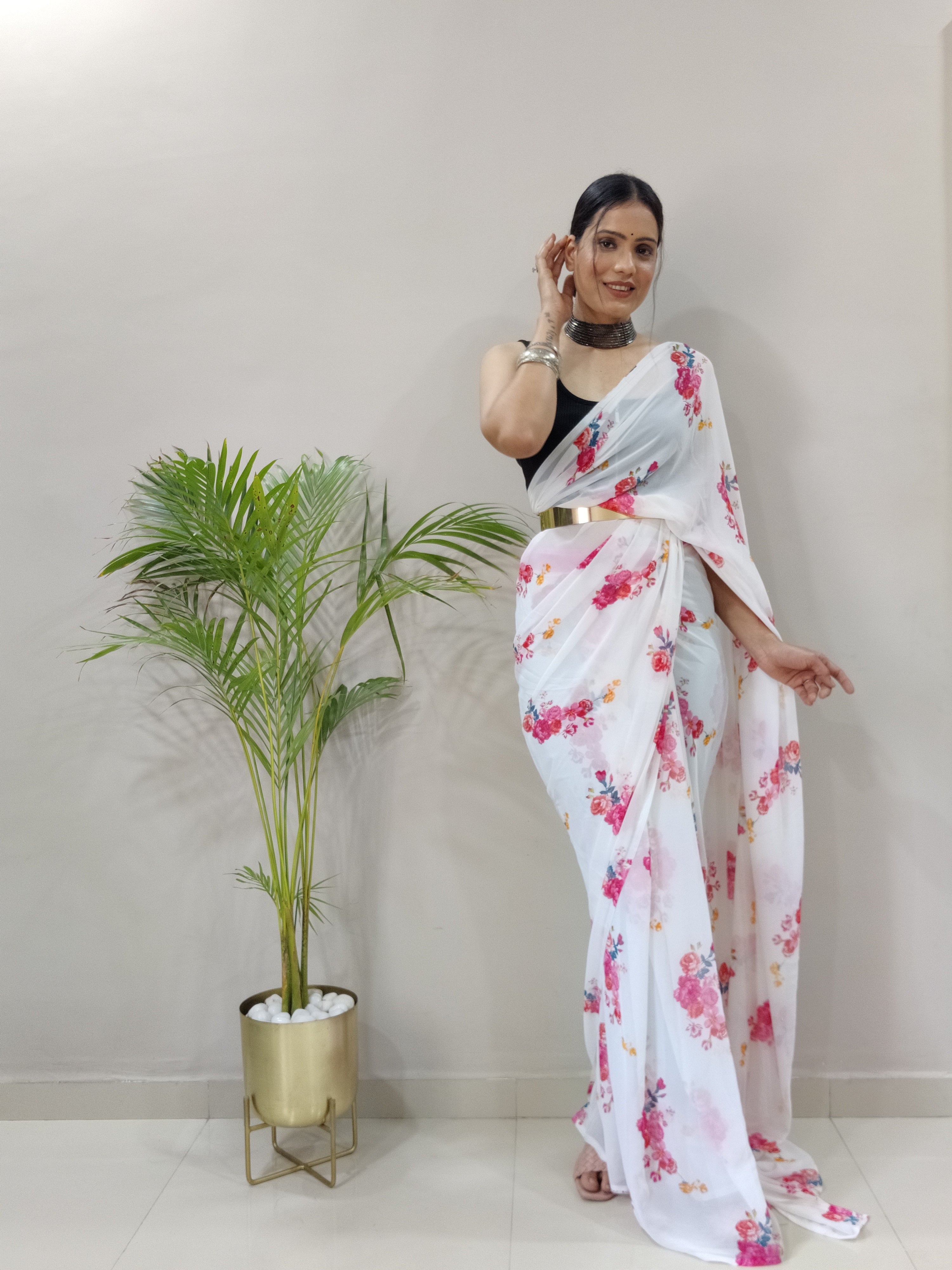 Gulab One Minute Ready To Wear White Printed Saree With Unstiched Blouse