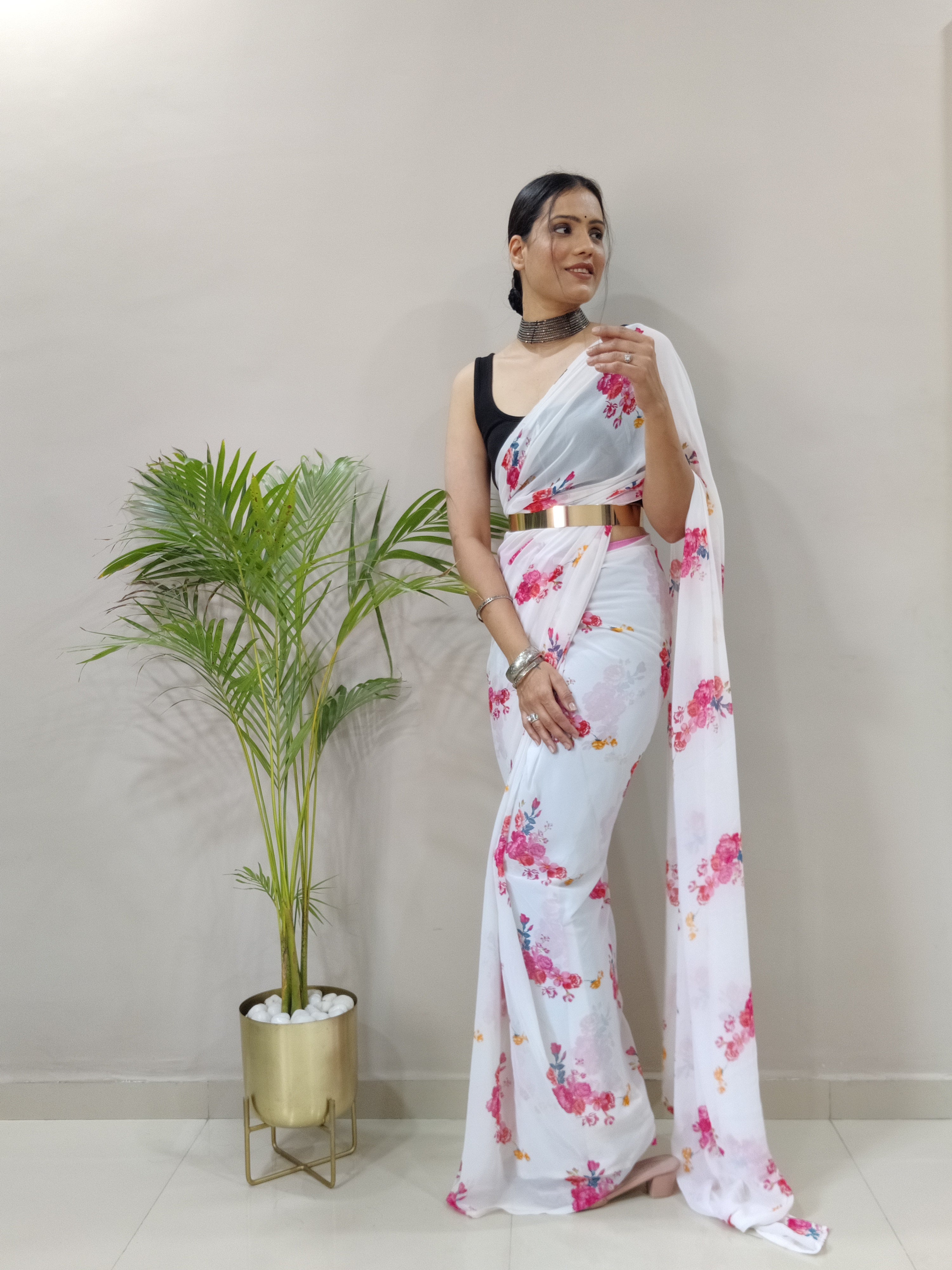 Gulab One Minute Ready To Wear White Printed Saree With Unstiched Blouse