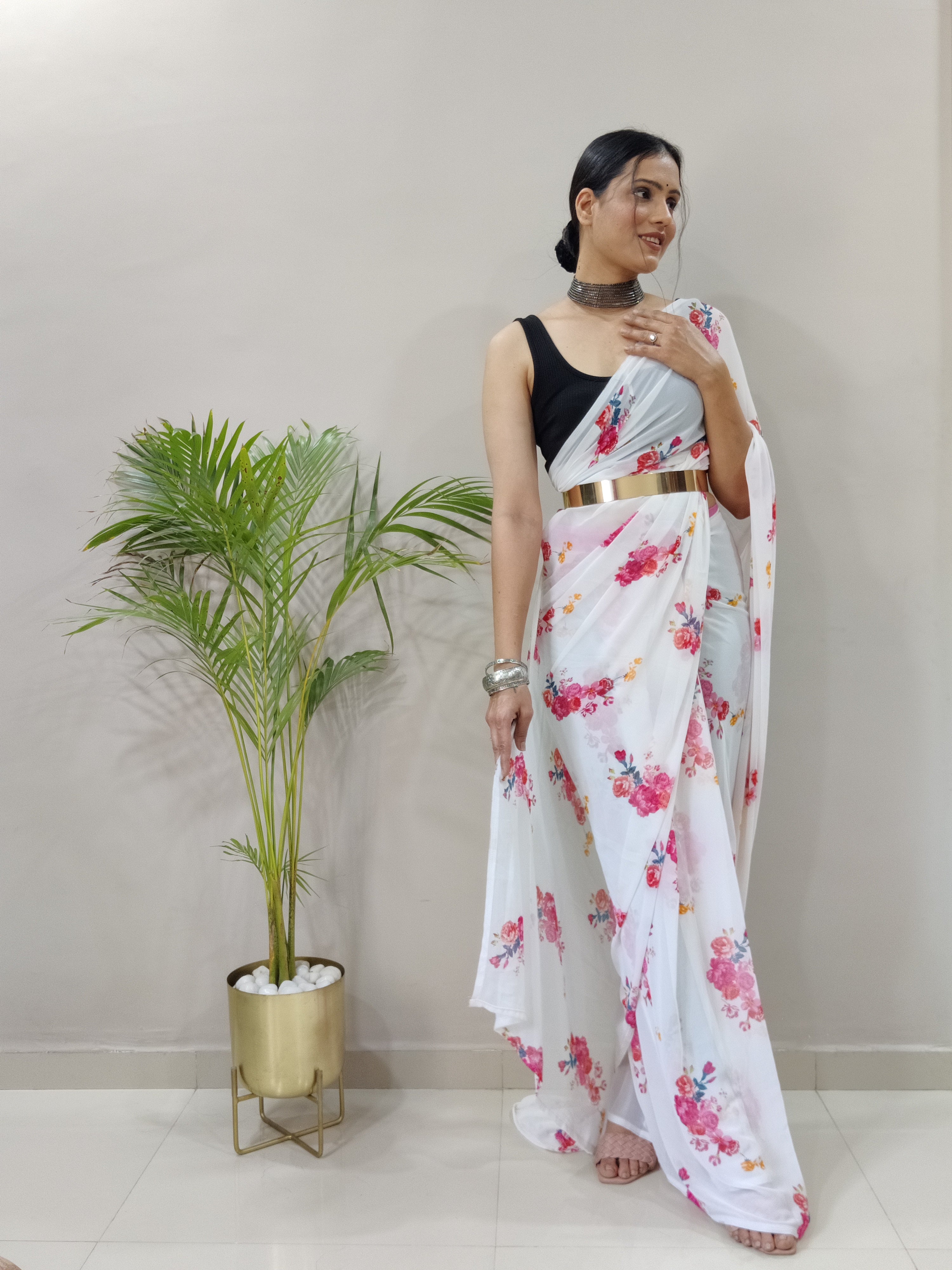 Gulab One Minute Ready To Wear White Printed Saree With Unstiched Blouse