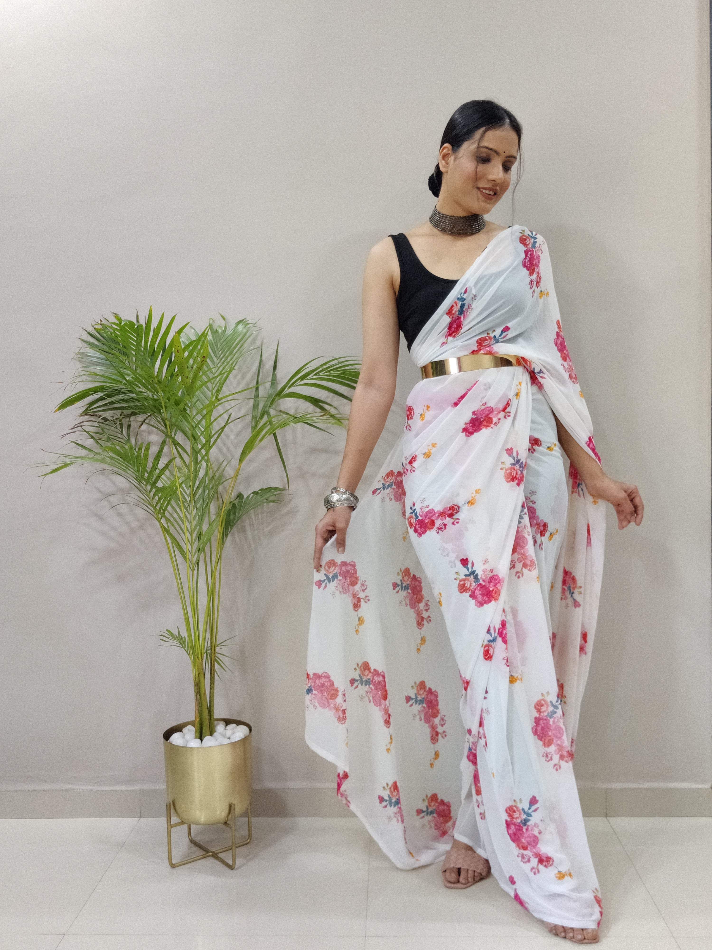 Gulab One Minute Ready To Wear White Printed Saree With Unstiched Blouse