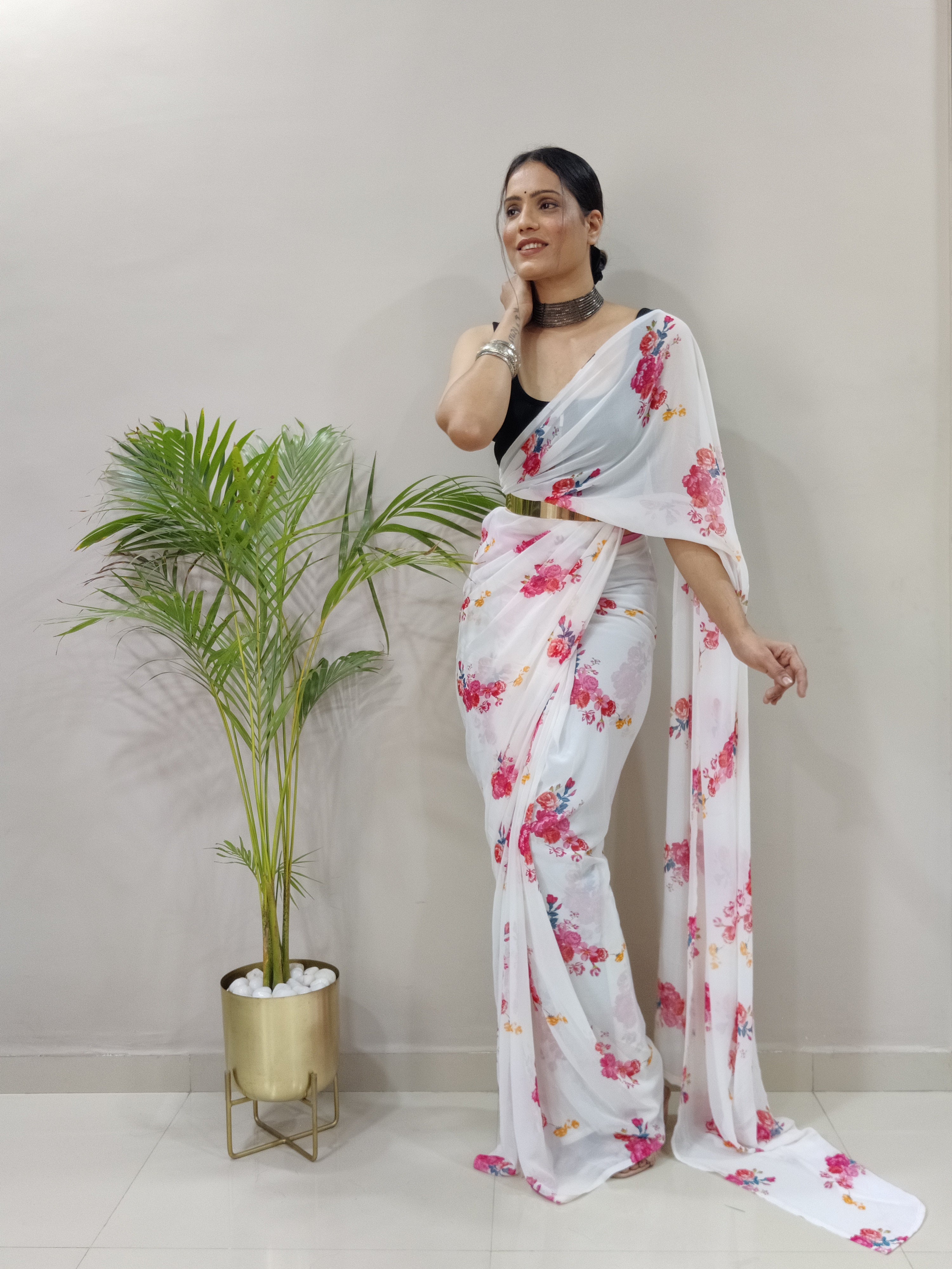 Gulab One Minute Ready To Wear White Printed Saree With Unstiched Blouse