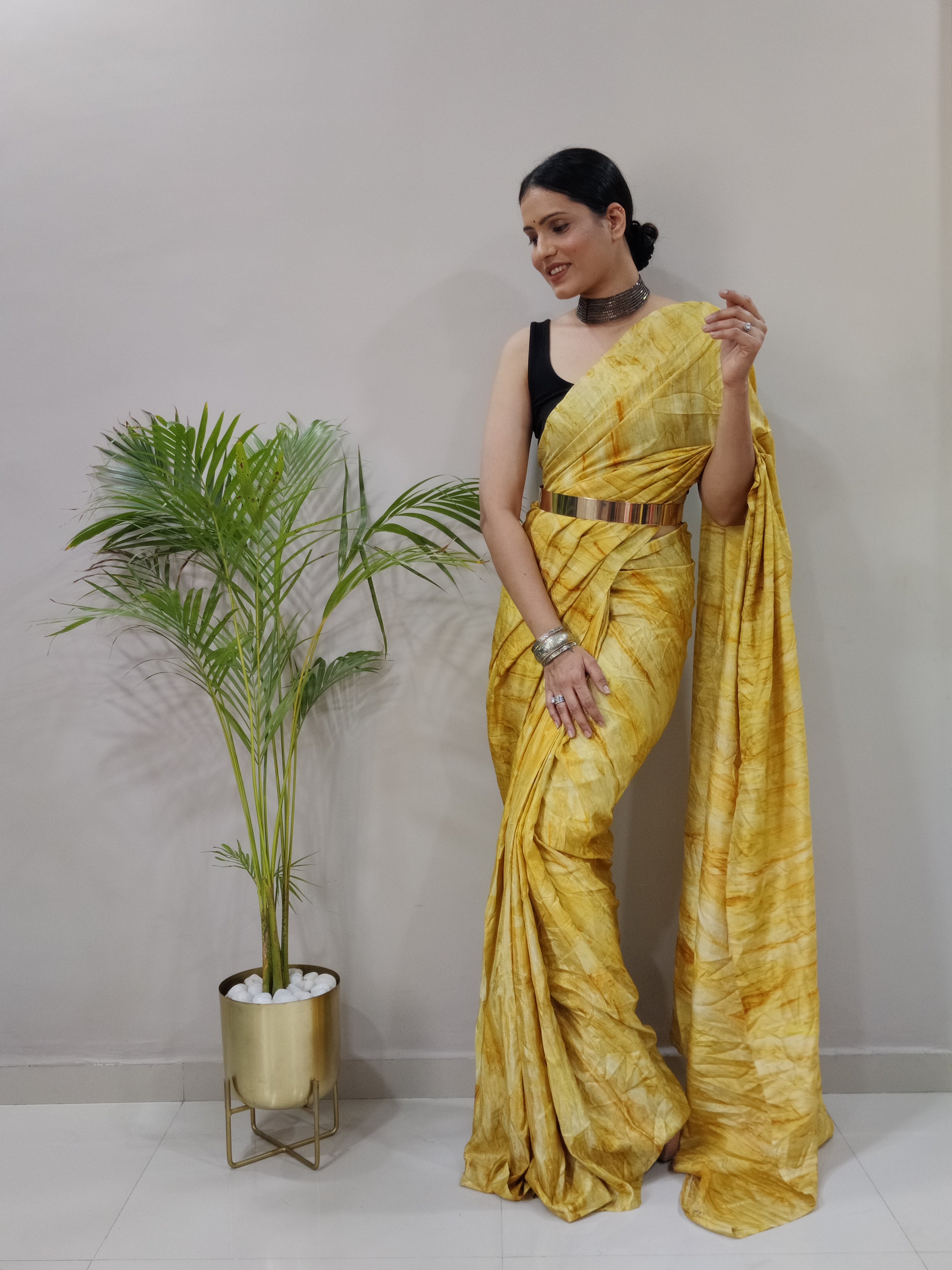 One Minute Ready to Wear New Classic Design Lamon Yellow Saree Divashree