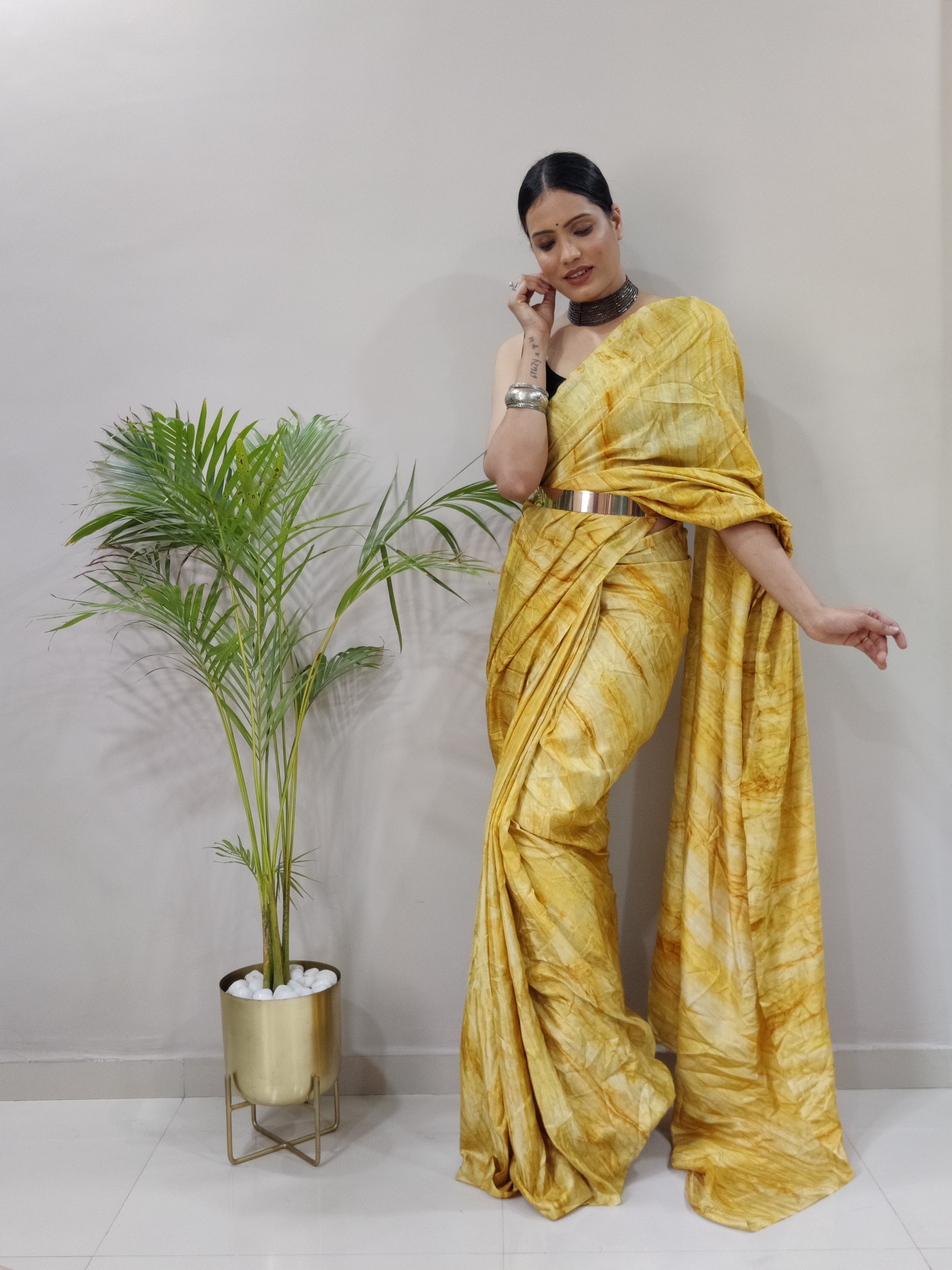 One Minute Ready to Wear New Classic Design Lamon Yellow Saree Divashree