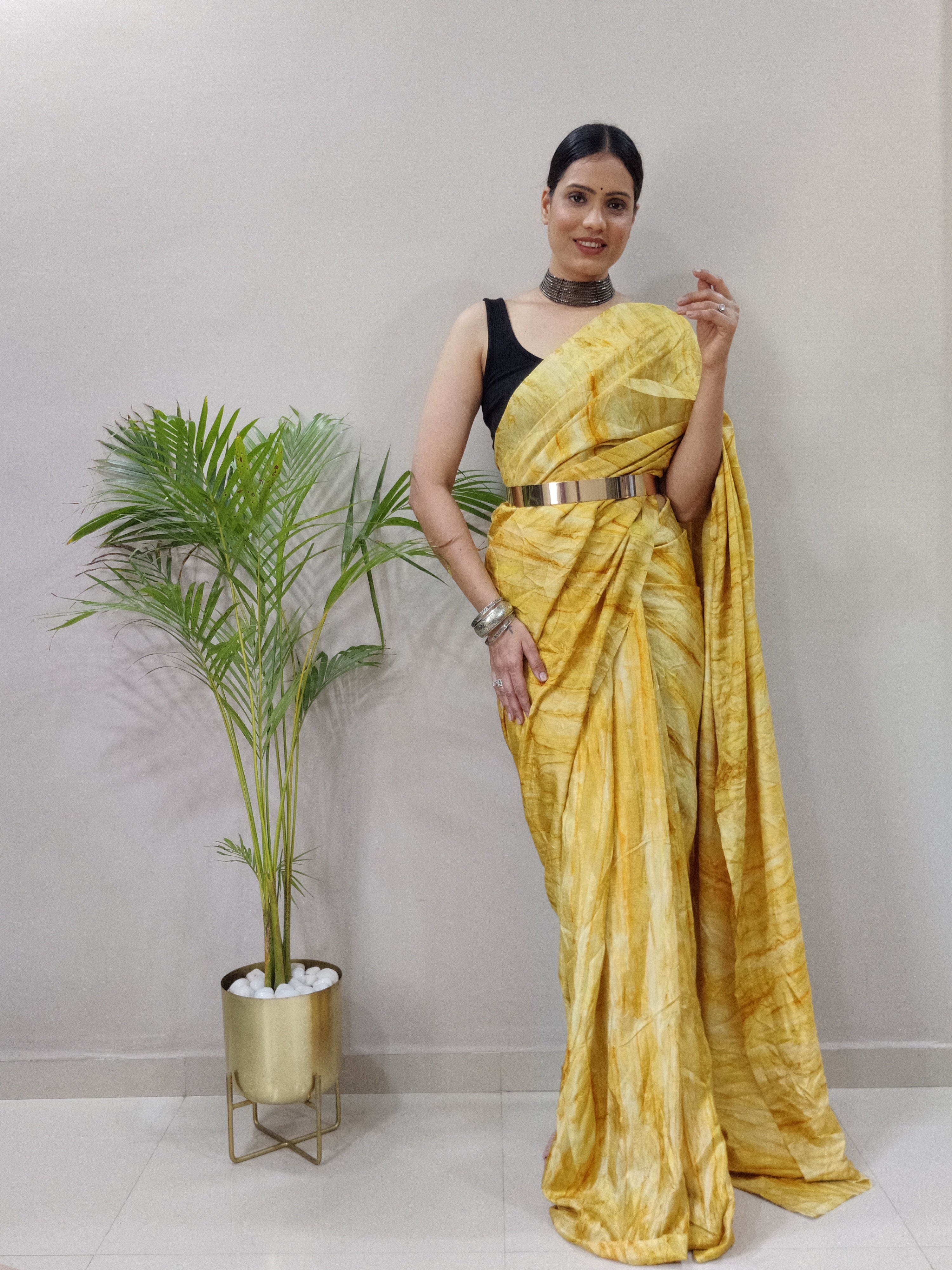 One Minute Ready to Wear New Classic Design Lamon Yellow Saree Divashree