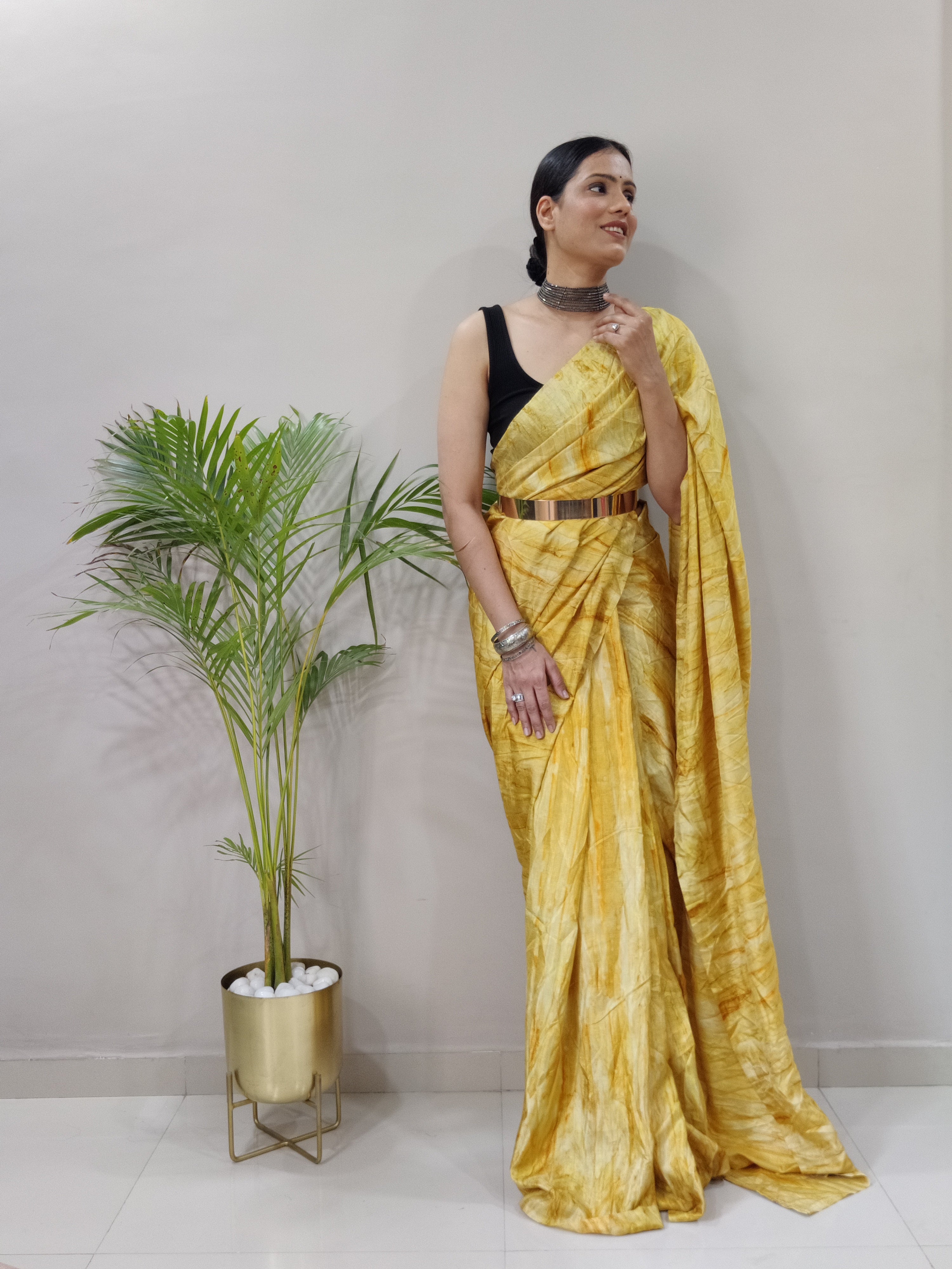 One Minute Ready to Wear New Classic Design Lamon Yellow Saree Divashree