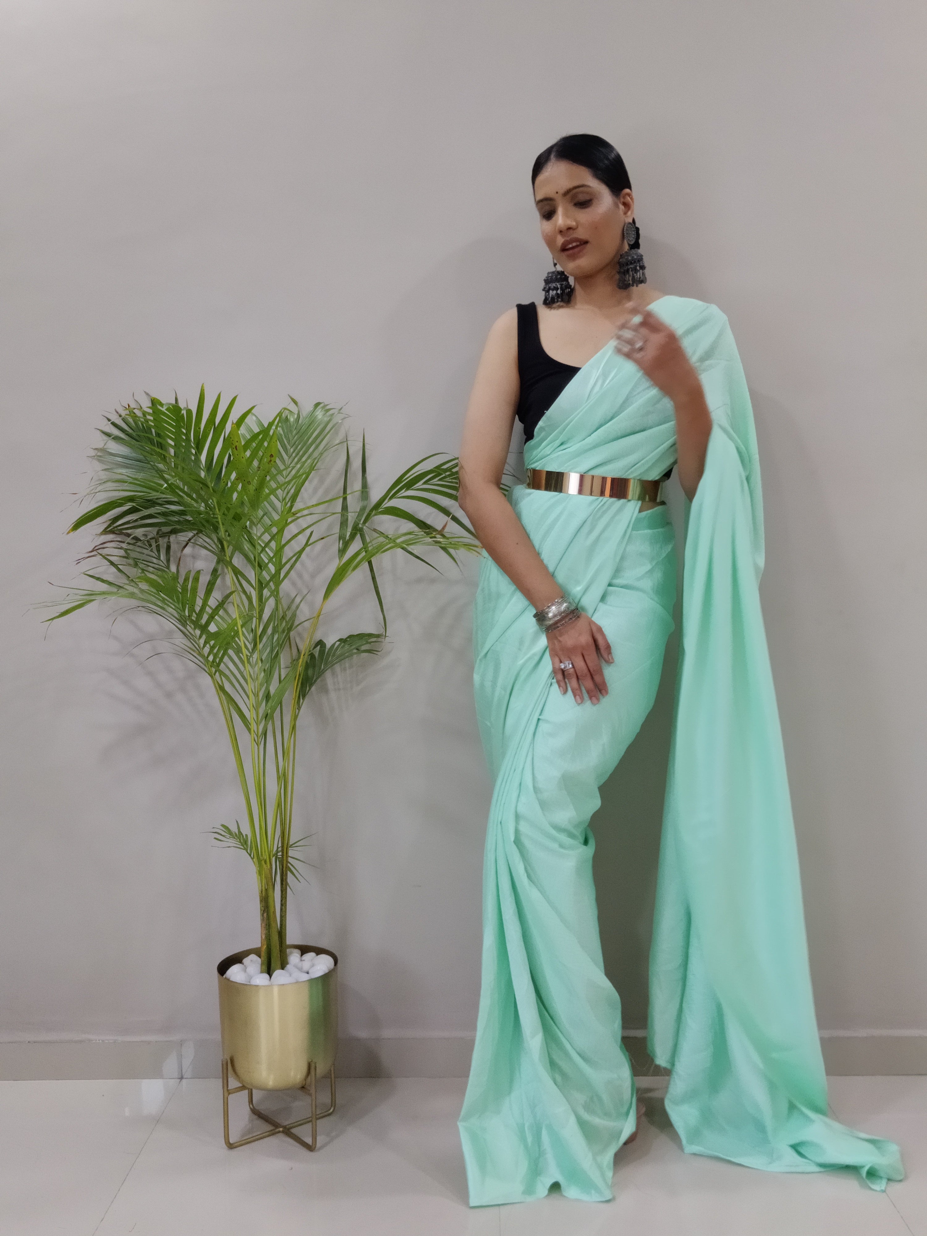 One Minute Ready To Wear New Classic look Glassy Green Saree Divashree