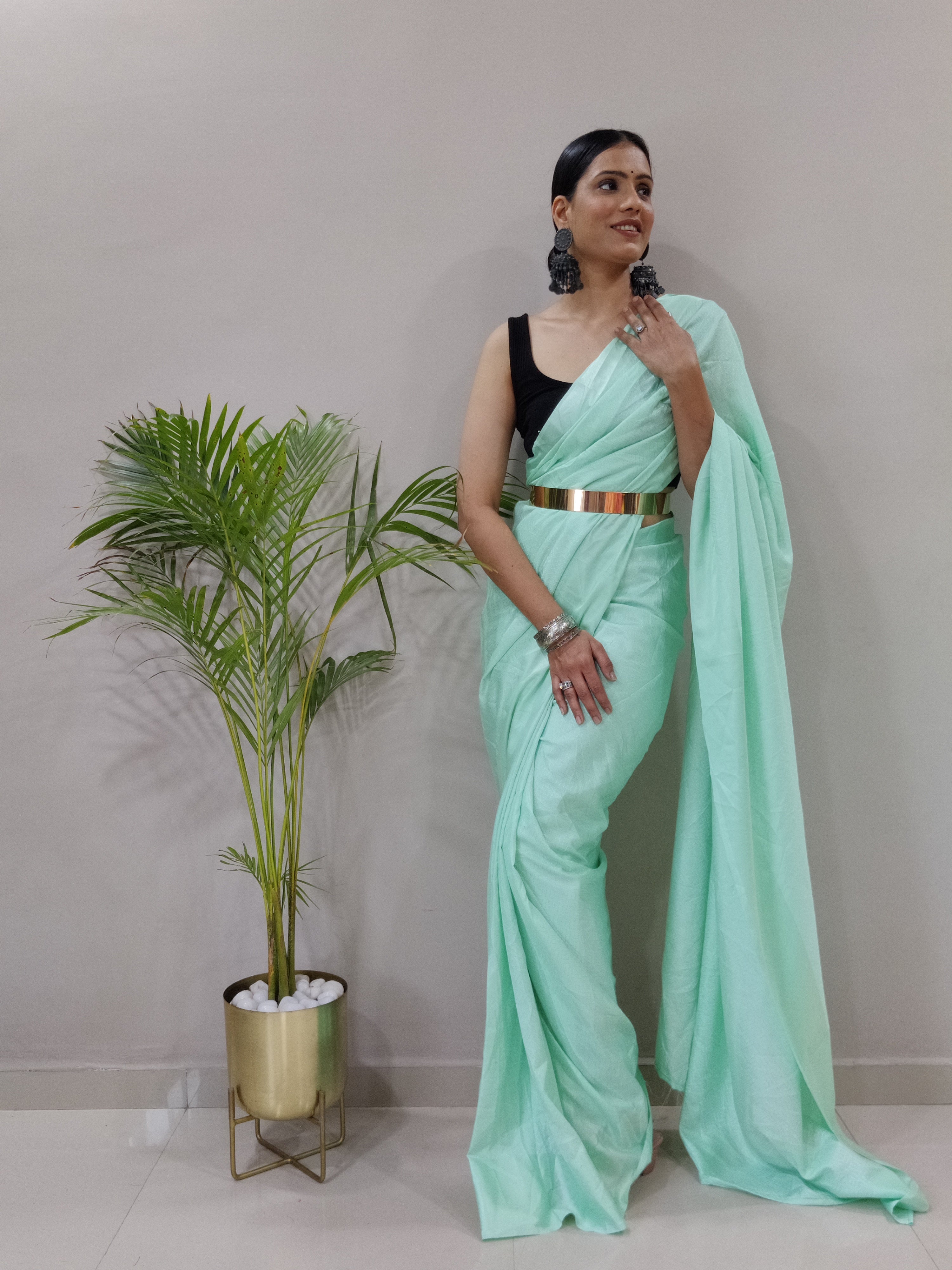 One Minute Ready To Wear New Classic look Glassy Green Saree Divashree