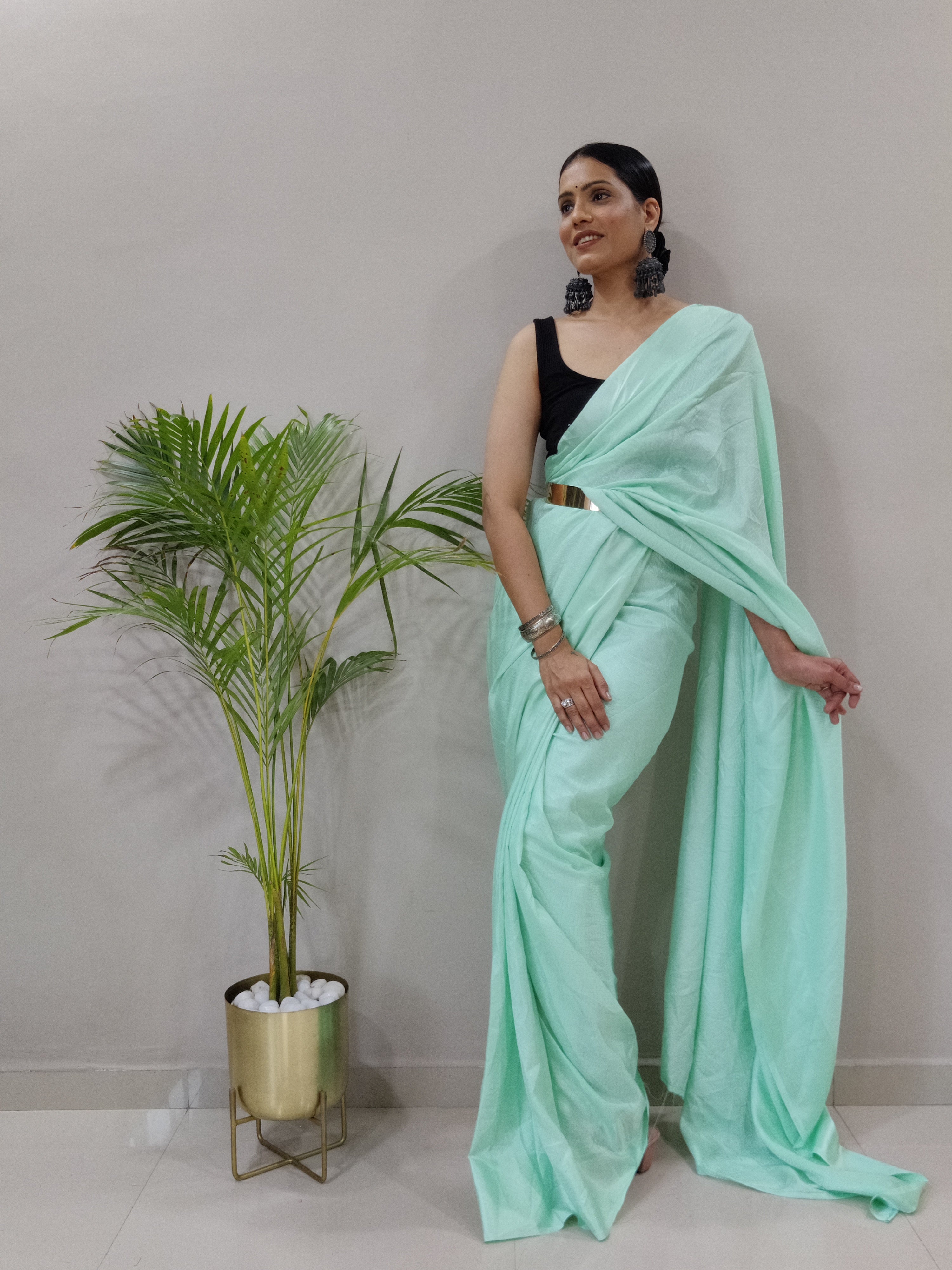 One Minute Ready To Wear New Classic look Glassy Green Saree Divashree