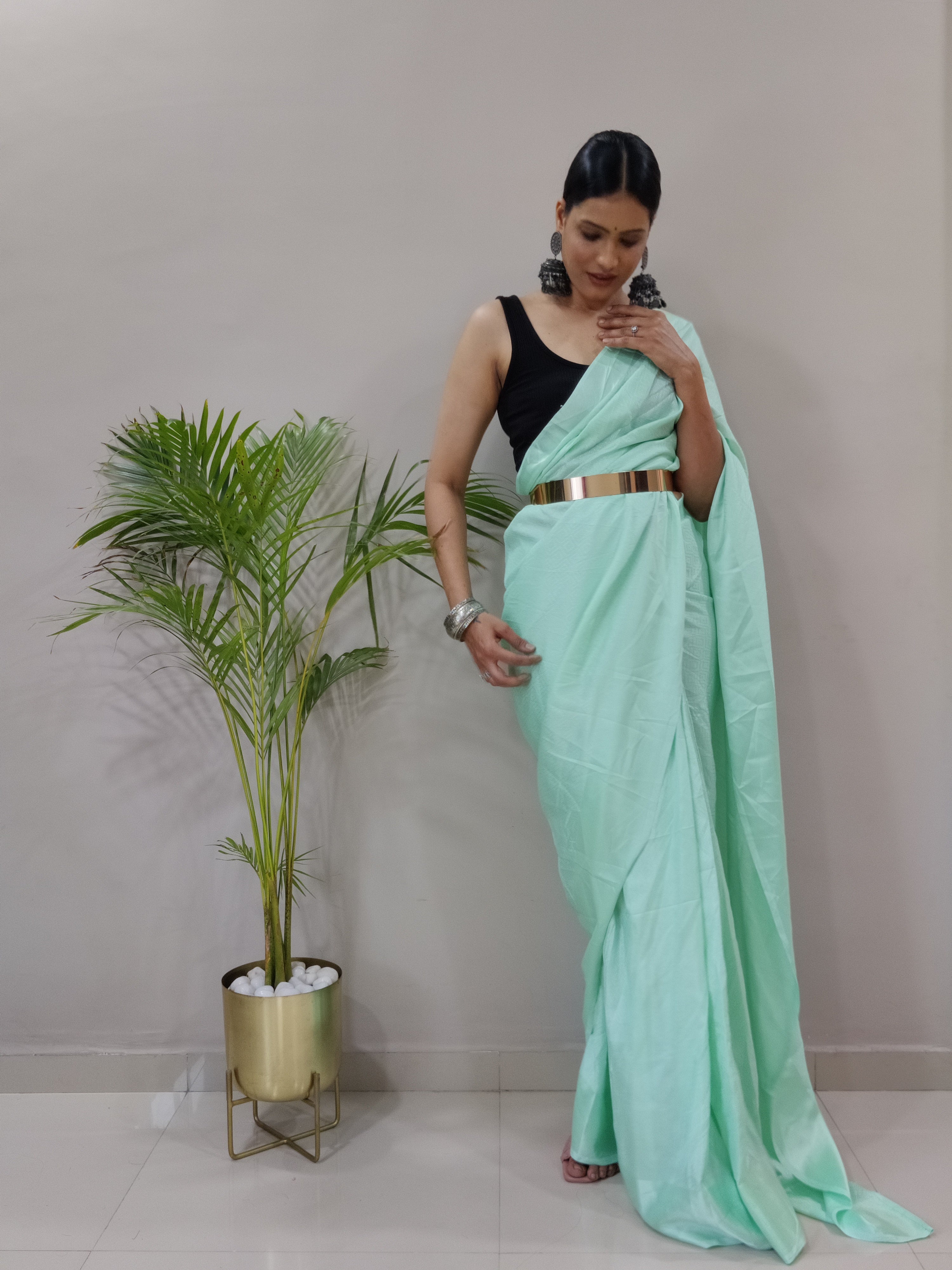 One Minute Ready To Wear New Classic look Glassy Green Saree Divashree