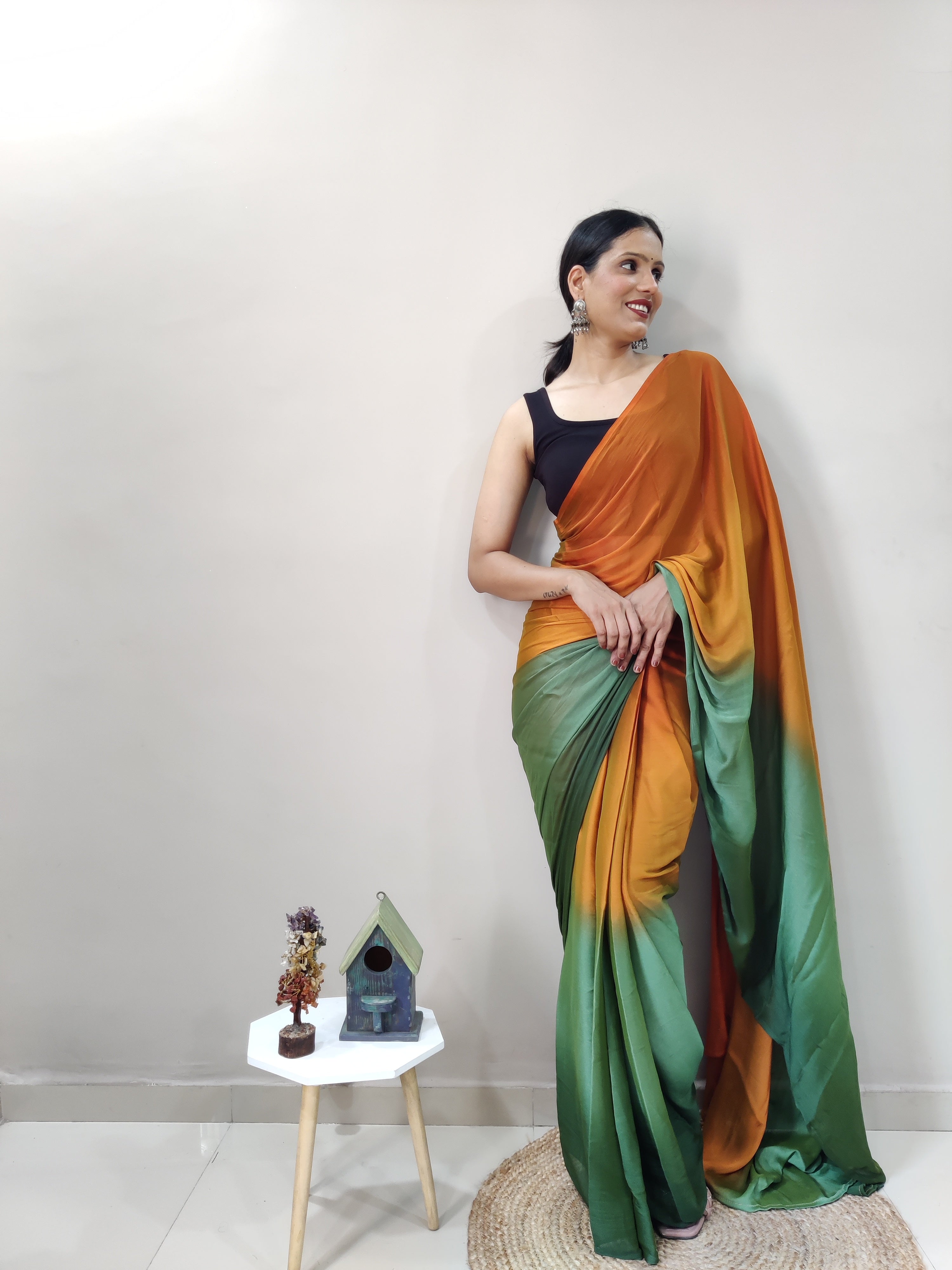 Pending Print One Minute Ready To Wear Green-Orange Saree With Unstiched Blouse