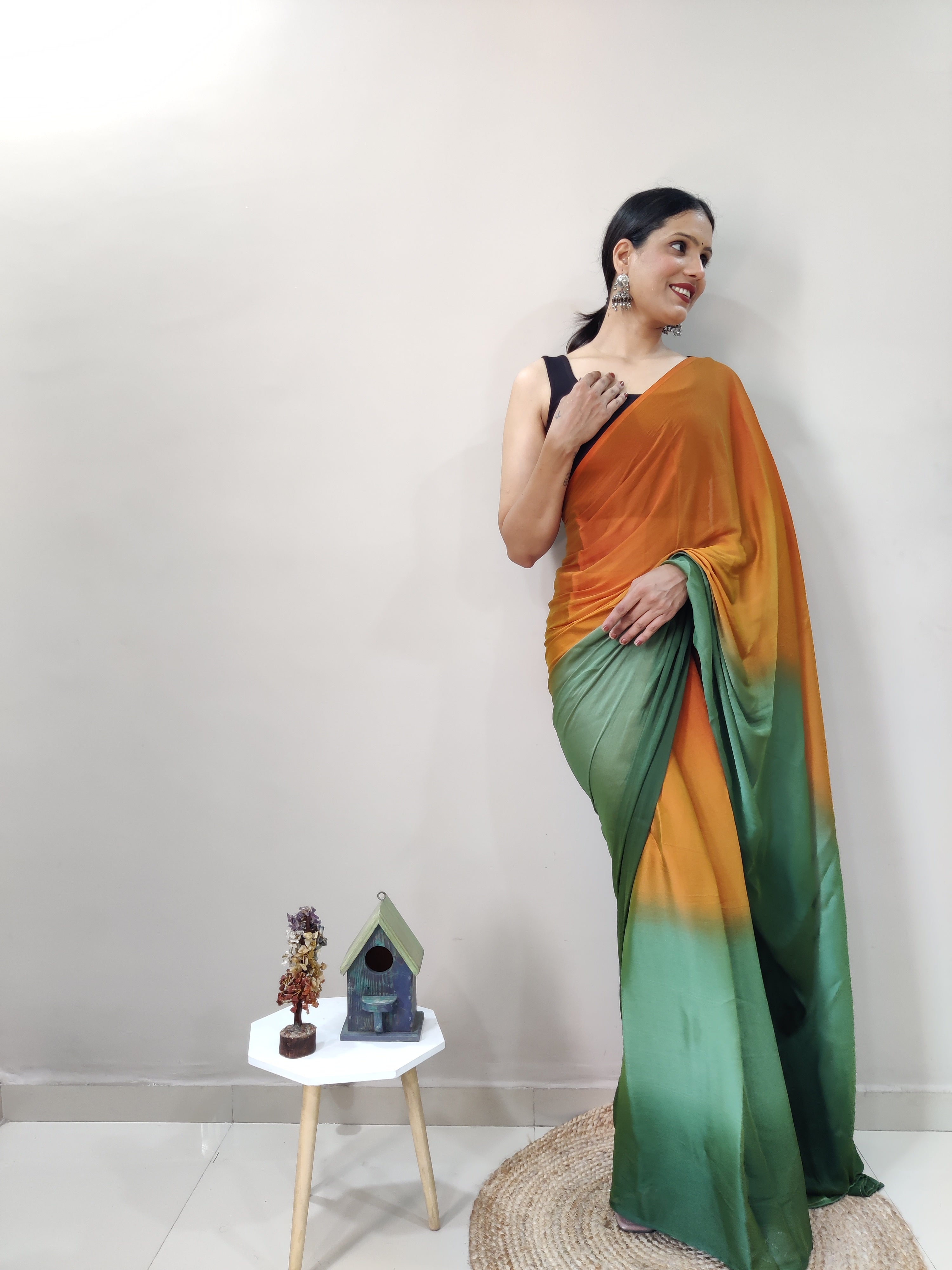 Pending Print One Minute Ready To Wear Green-Orange Saree With Unstiched Blouse