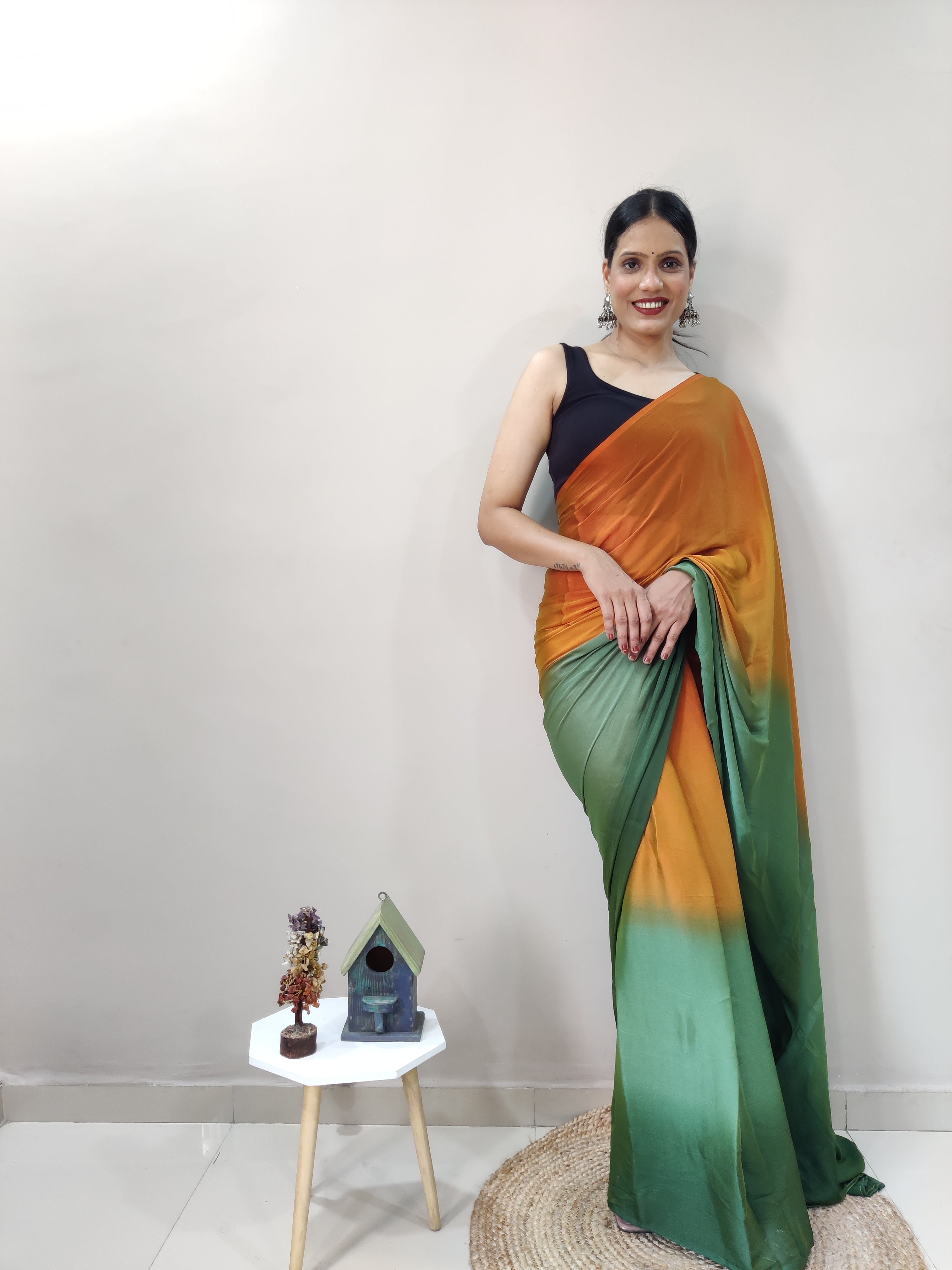 Pending Print One Minute Ready To Wear Green-Orange Saree With Unstiched Blouse