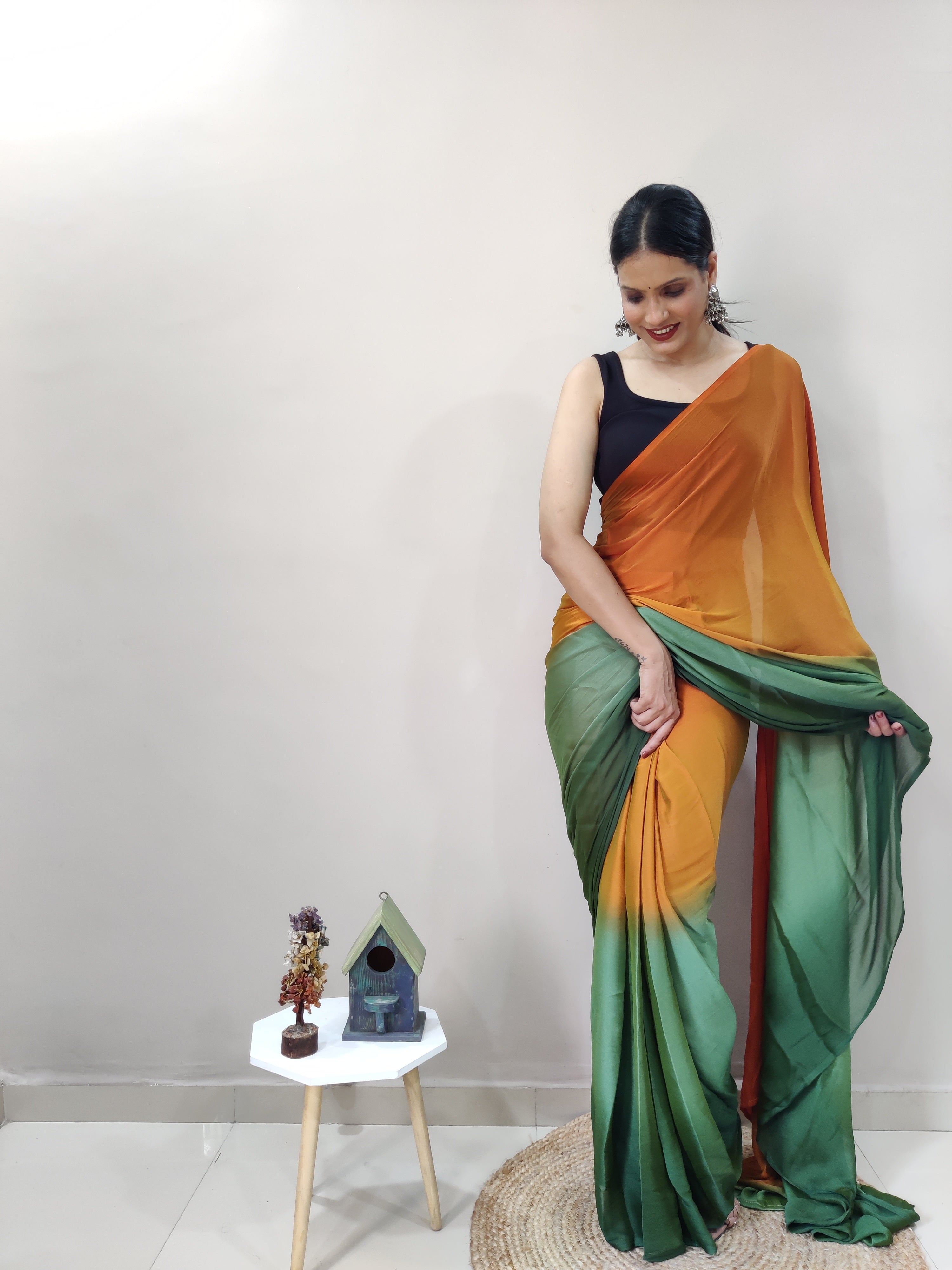 Pending Print One Minute Ready To Wear Green-Orange Saree With Unstiched Blouse