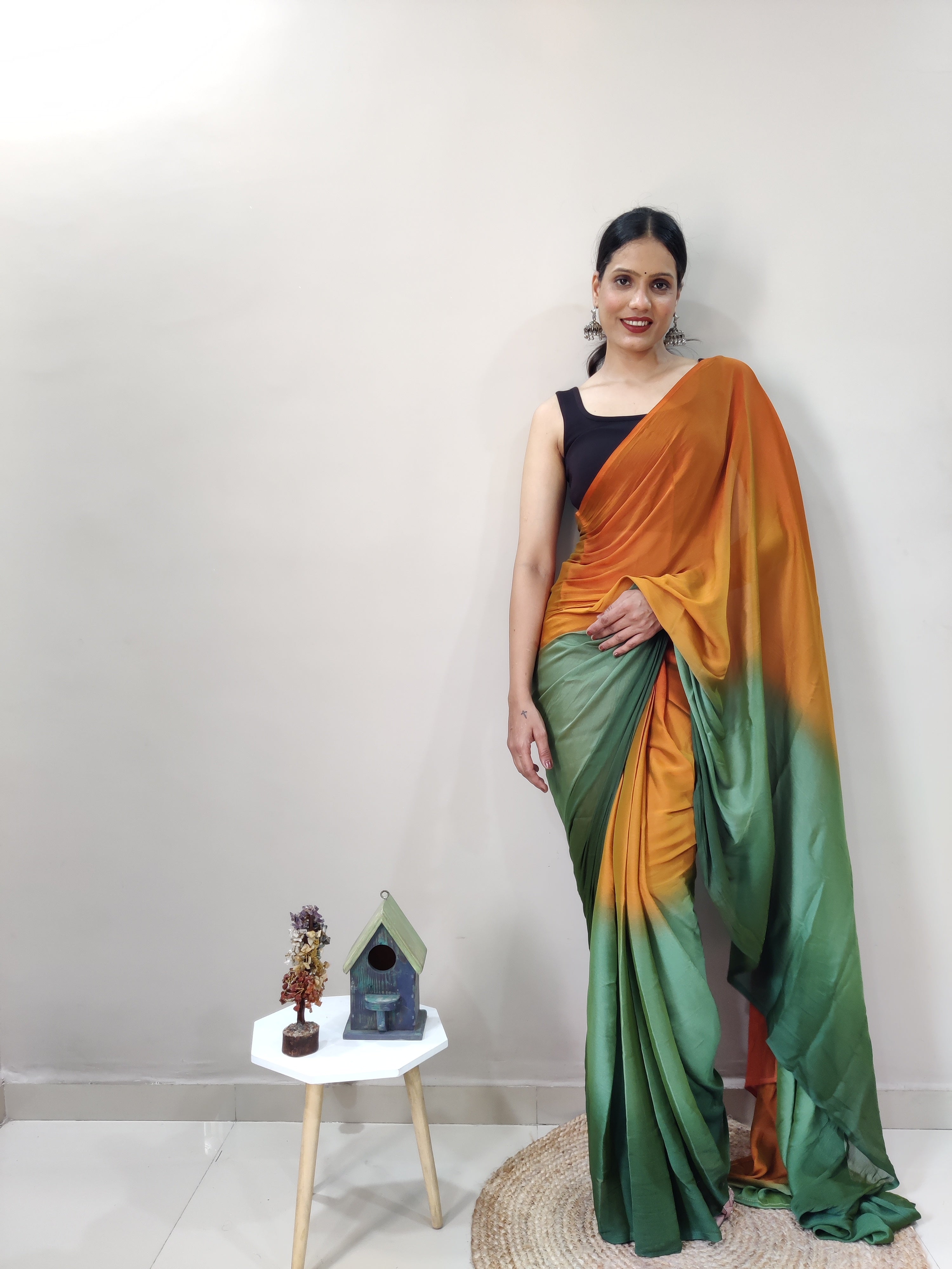 Pending Print One Minute Ready To Wear Green-Orange Saree With Unstiched Blouse