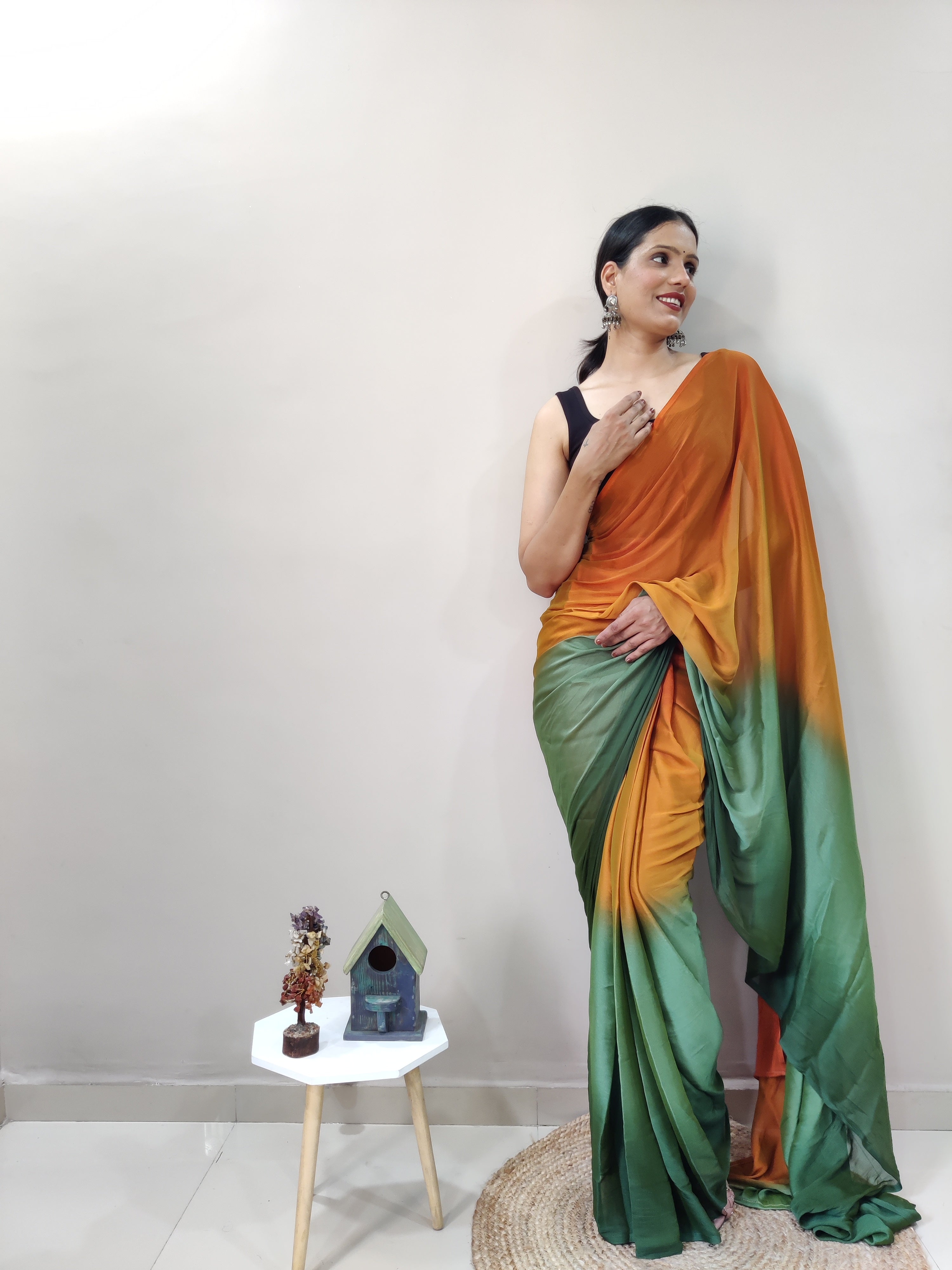 Pending Print One Minute Ready To Wear Green-Orange Saree With Unstiched Blouse