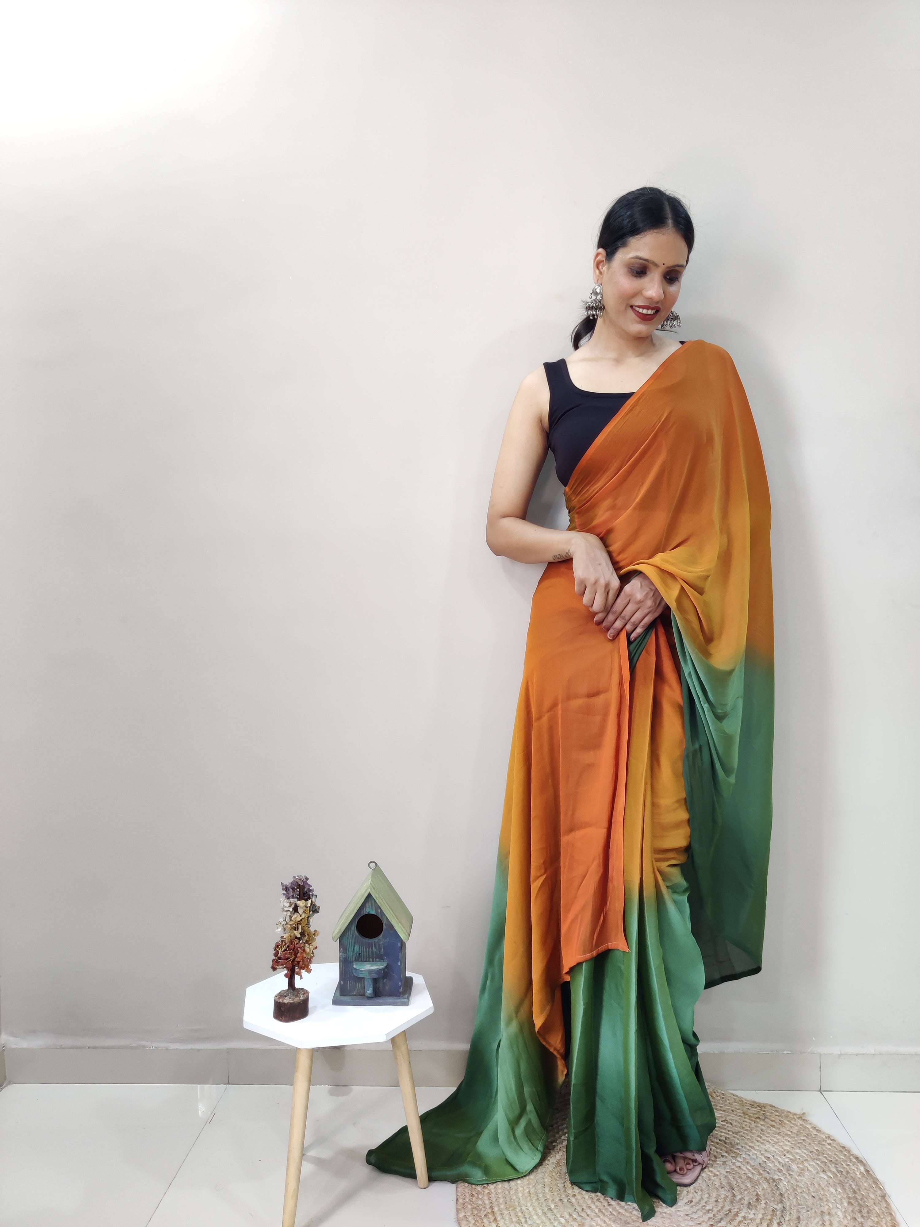 Pending Print One Minute Ready To Wear Green-Orange Saree With Unstiched Blouse