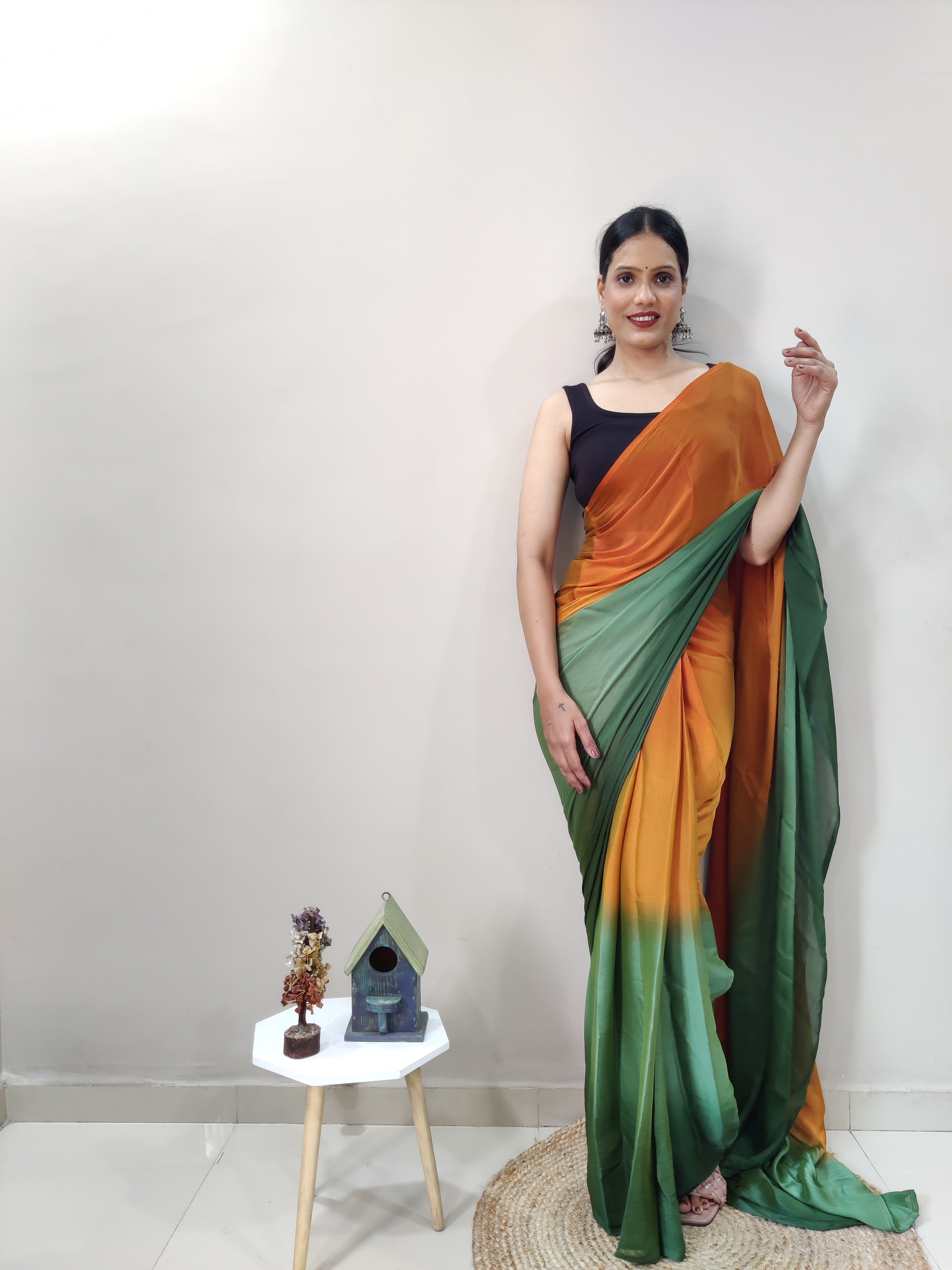 Pending Print One Minute Ready To Wear Green-Orange Saree With Unstiched Blouse