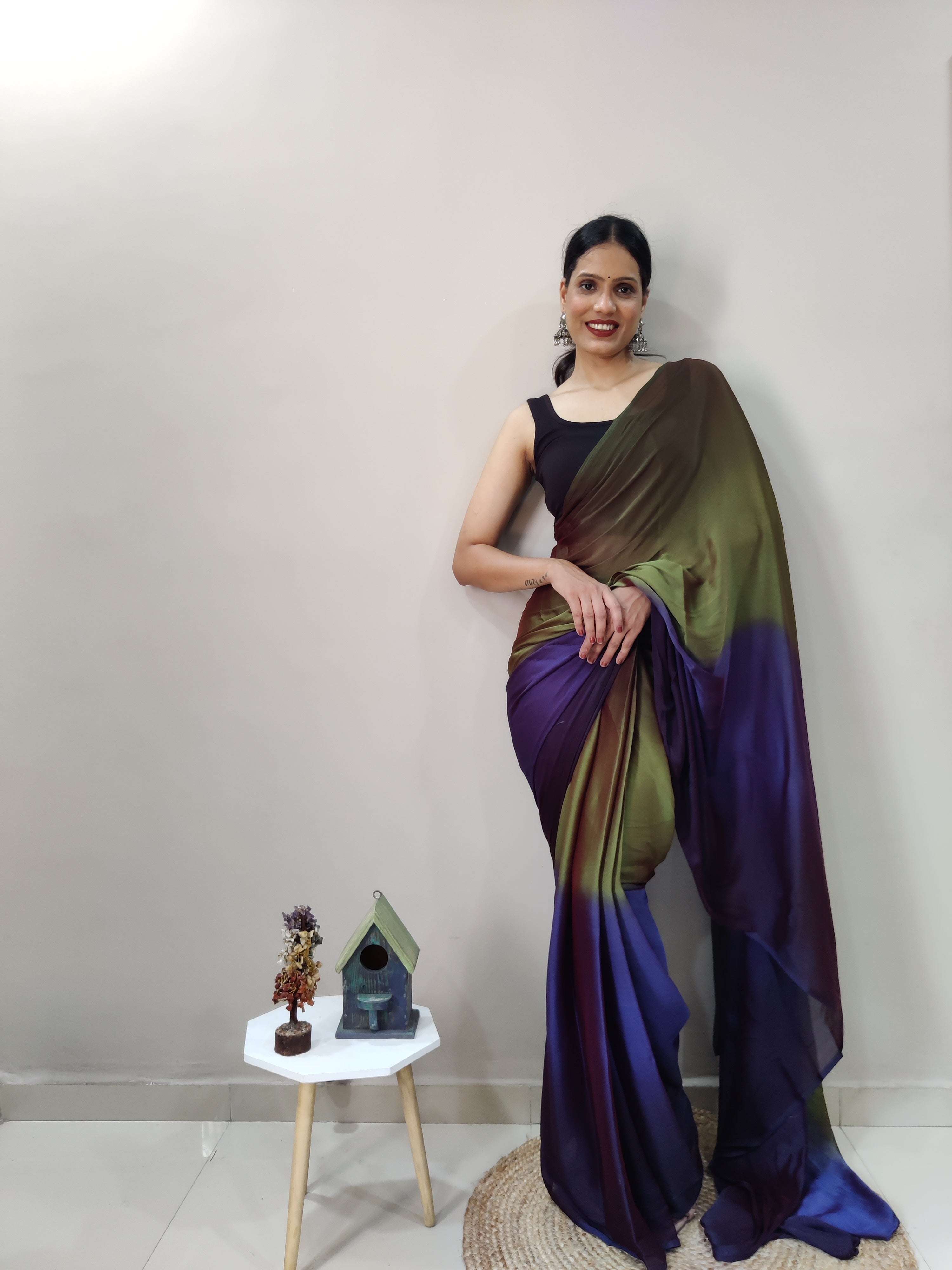 Pending Print One Minute Ready To Wear Navy Blue-Green Saree With Unstiched Blouse