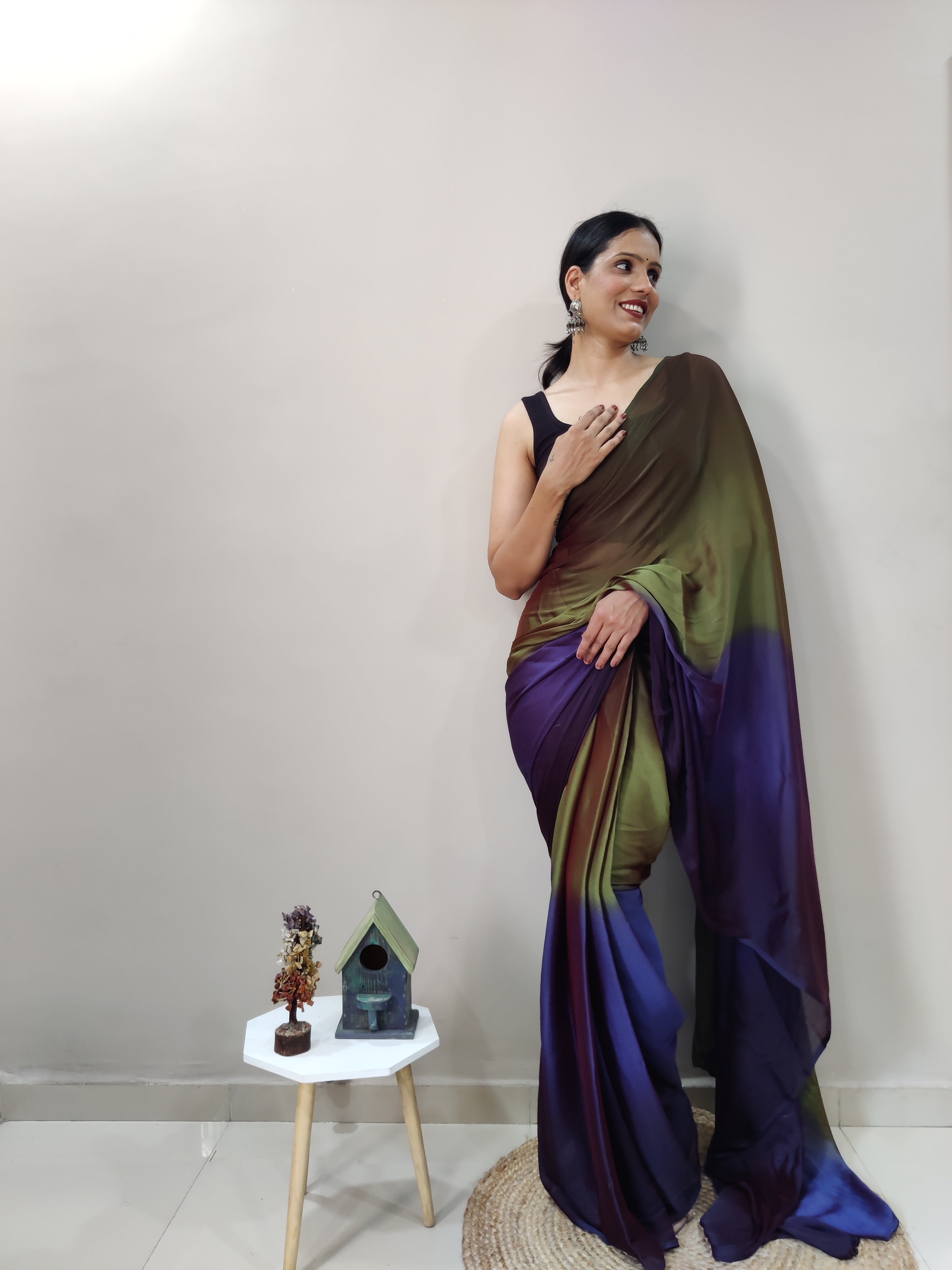 Pending Print One Minute Ready To Wear Navy Blue-Green Saree With Unstiched Blouse