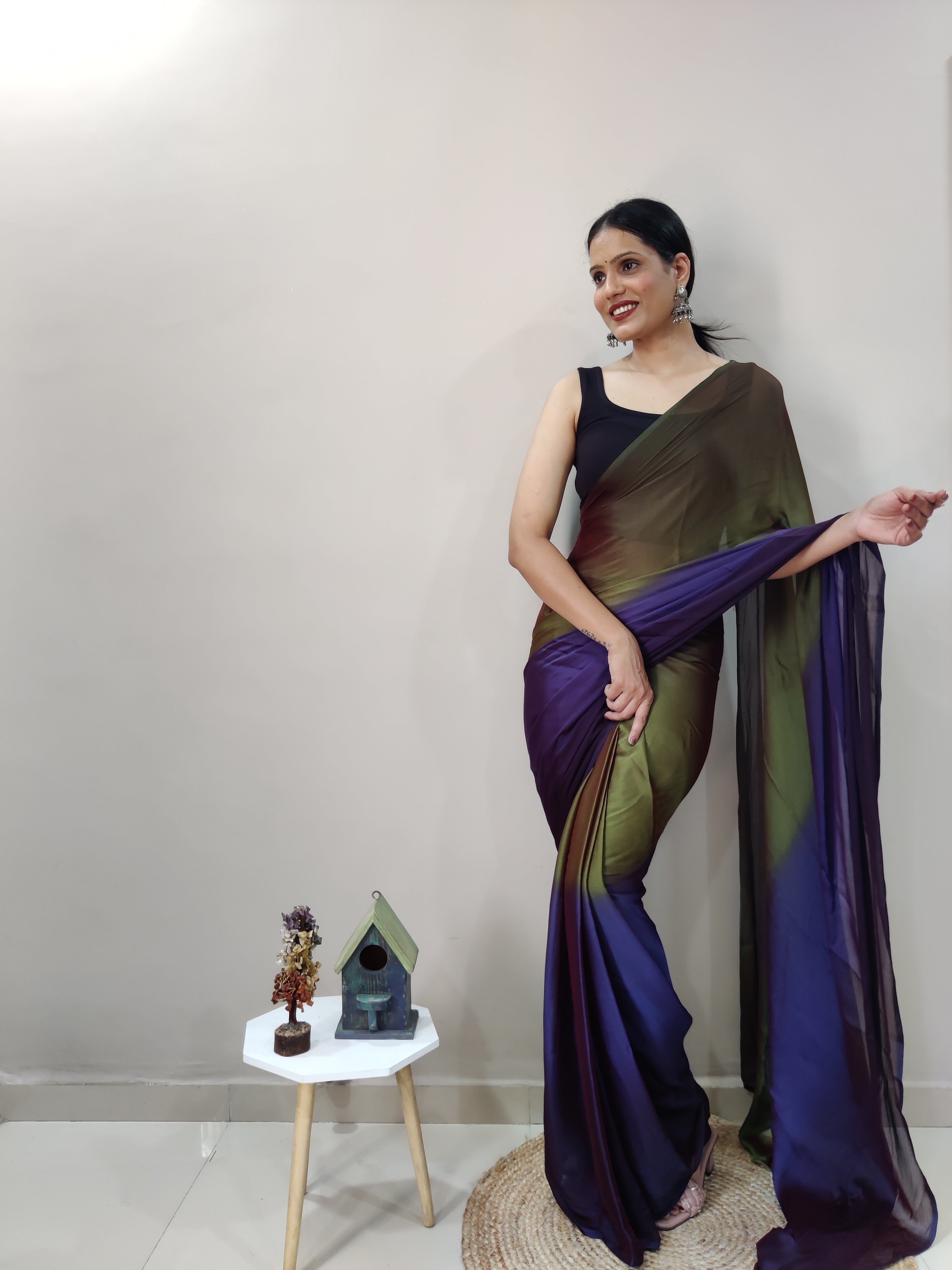 Pending Print One Minute Ready To Wear Navy Blue-Green Saree With Unstiched Blouse