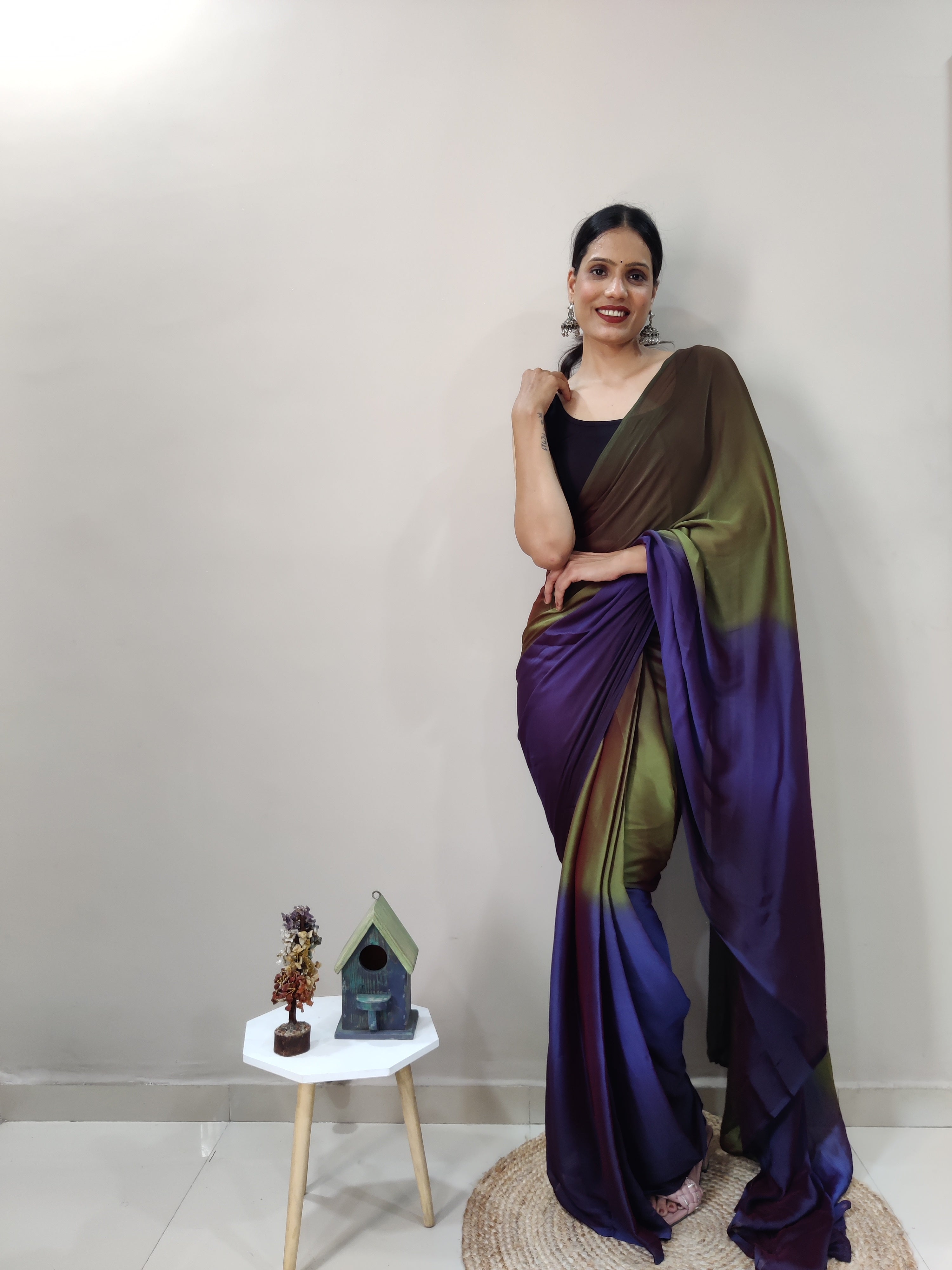 Pending Print One Minute Ready To Wear Navy Blue-Green Saree With Unstiched Blouse