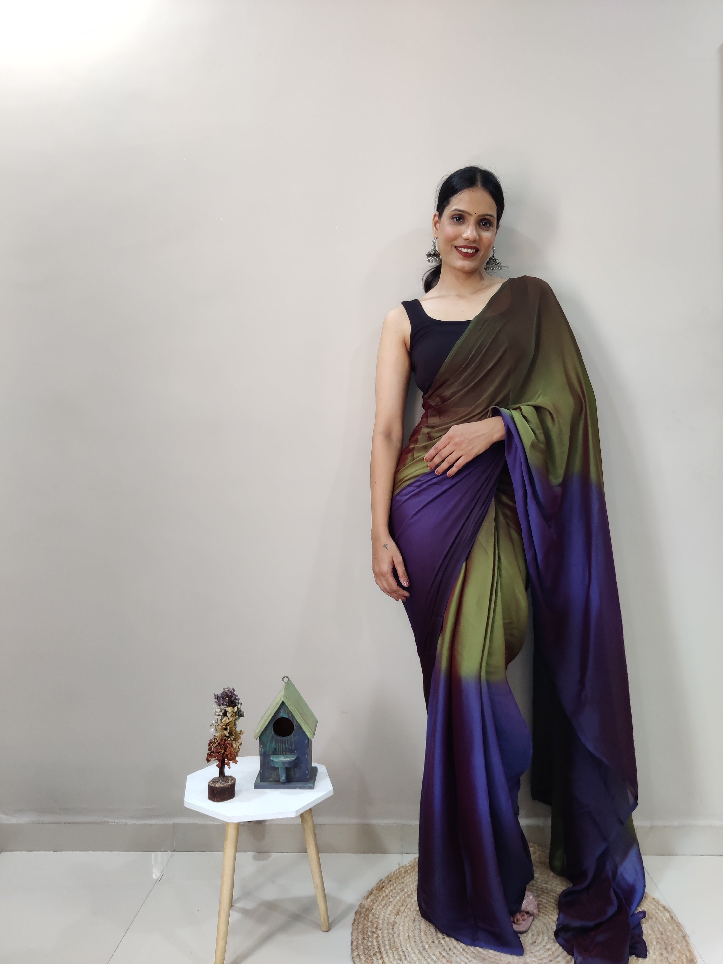 Pending Print One Minute Ready To Wear Navy Blue-Green Saree With Unstiched Blouse