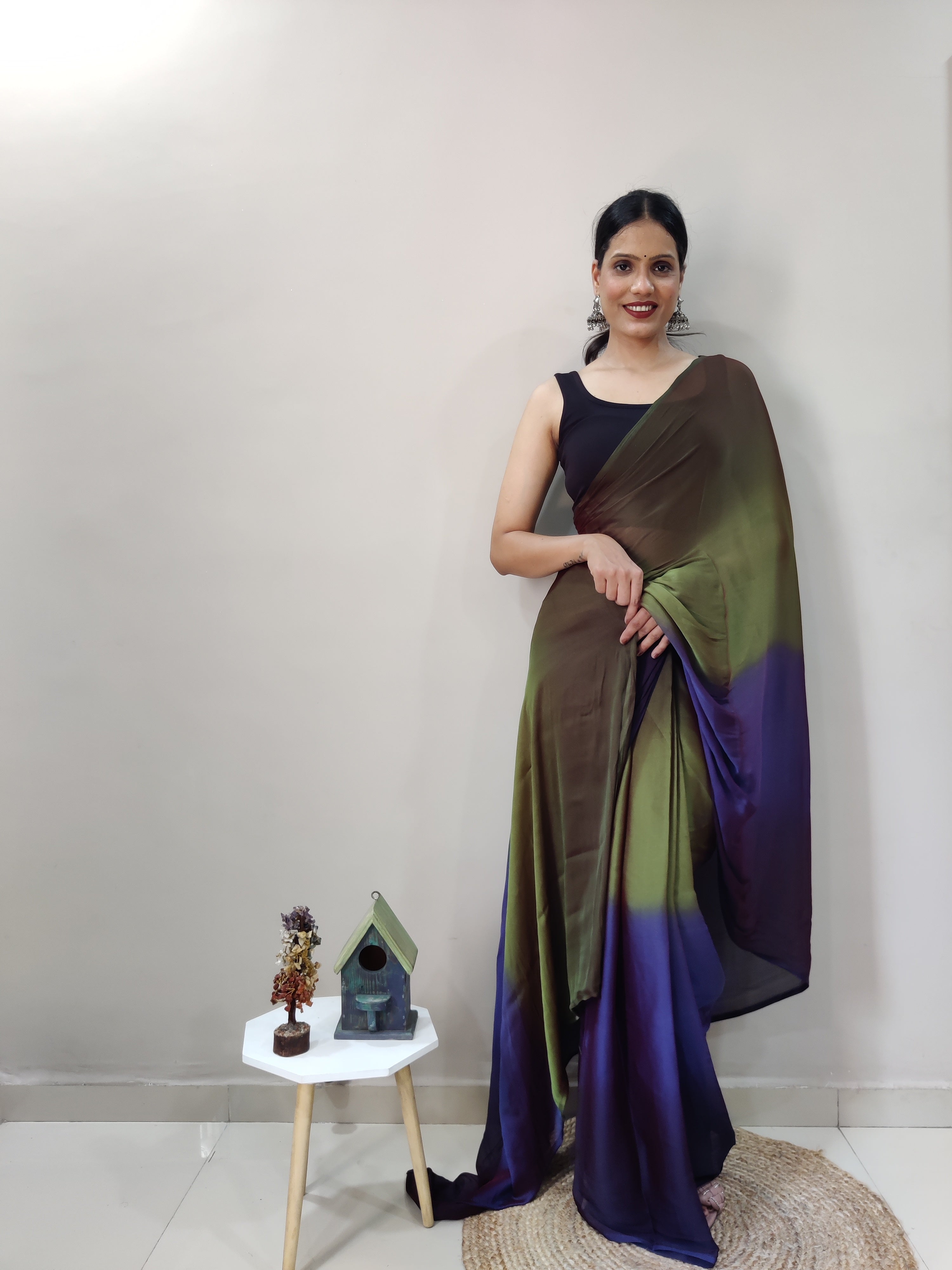 Pending Print One Minute Ready To Wear Navy Blue-Green Saree With Unstiched Blouse